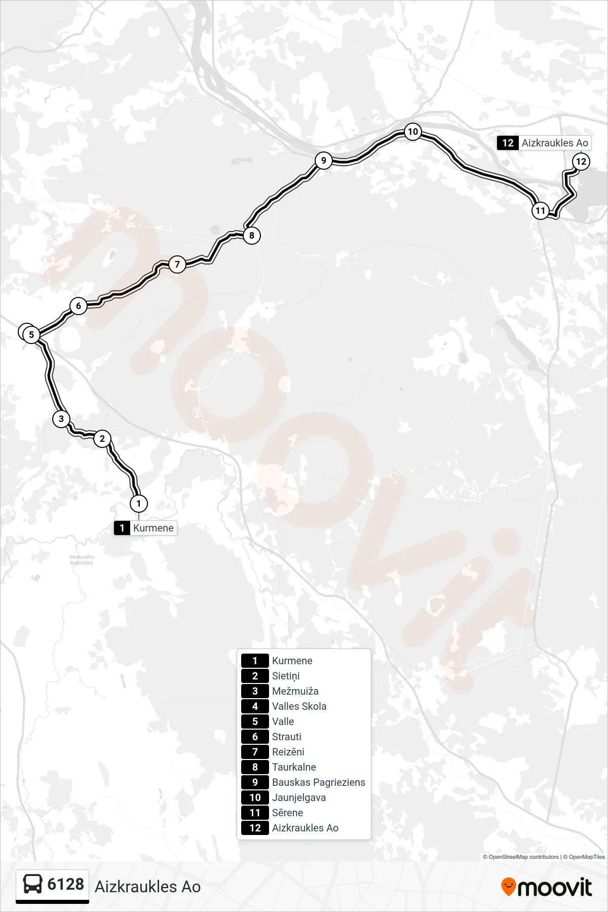 6128 bus Line (Aizkraukles Ao) route and stops on a map