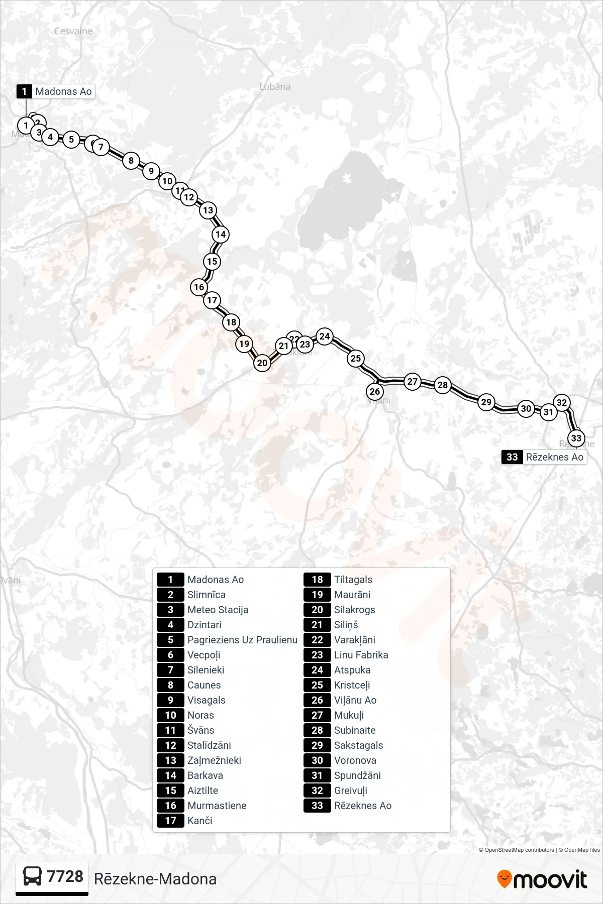 7728 bus Line (Rēzeknes Ao) route and stops on a map