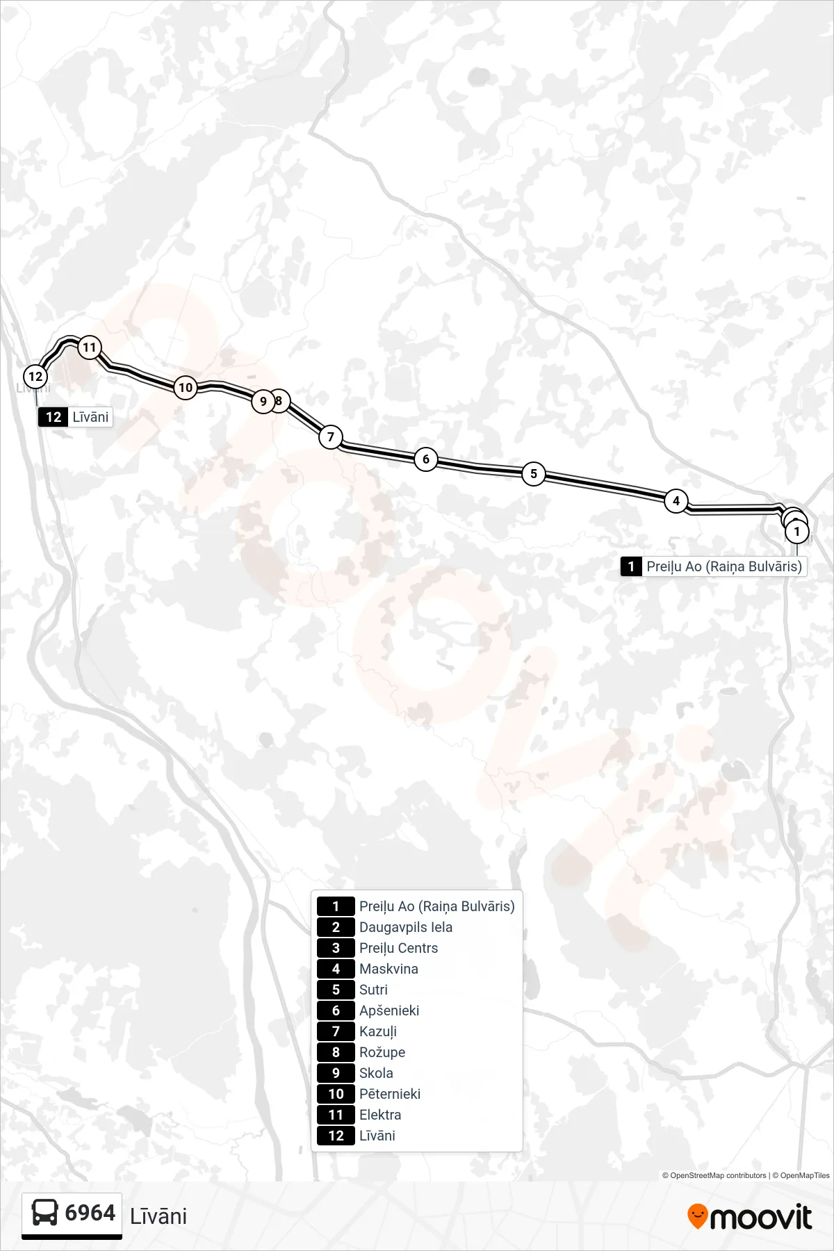6964 bus Line (Līvāni) route and stops on a map