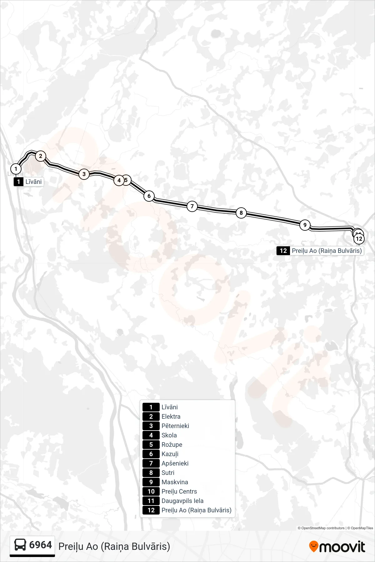 6964 bus Line (Preiļu Ao (Raiņa Bulvāris)) route and stops on a map