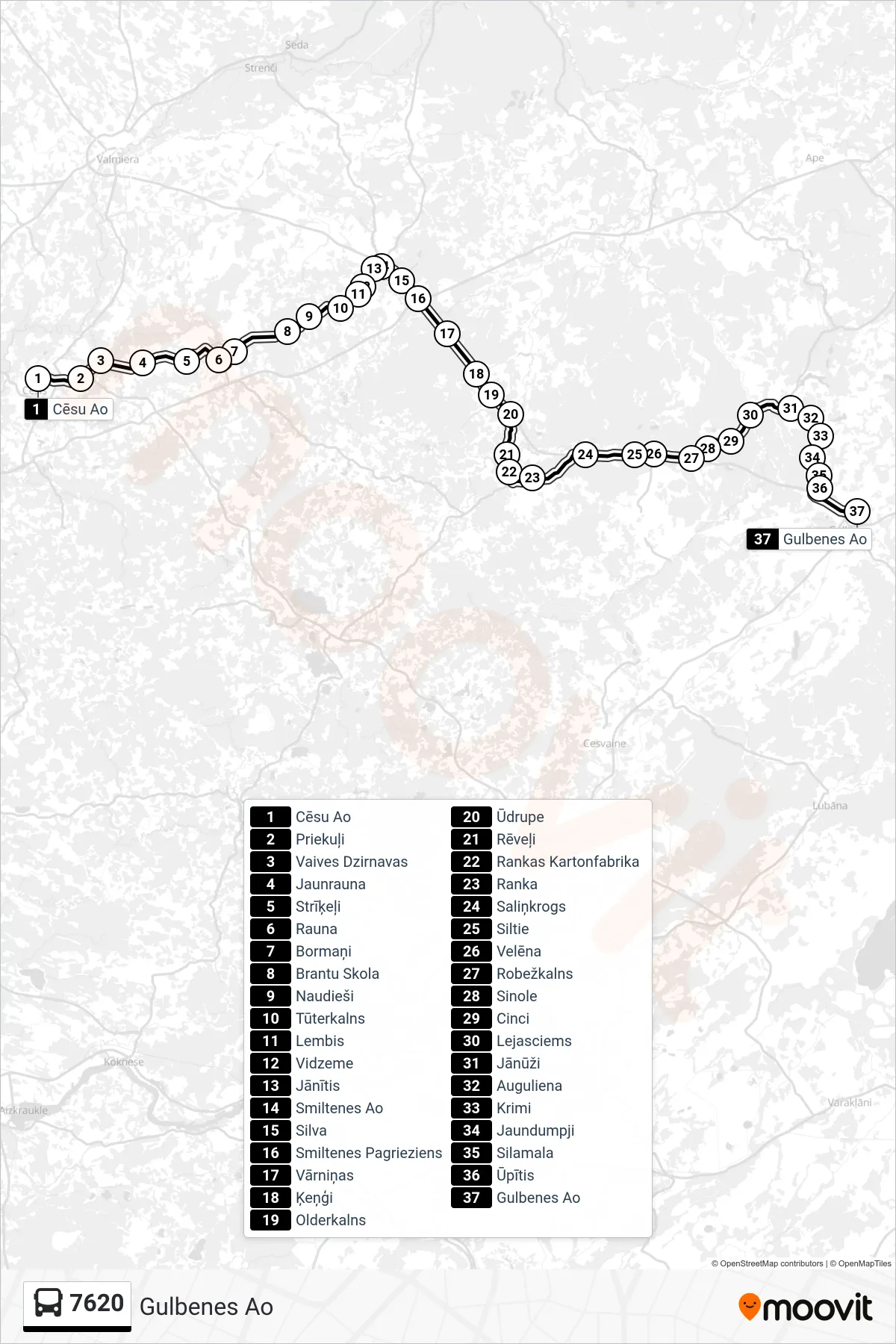 7620 bus Line (Gulbenes Ao) route and stops on a map