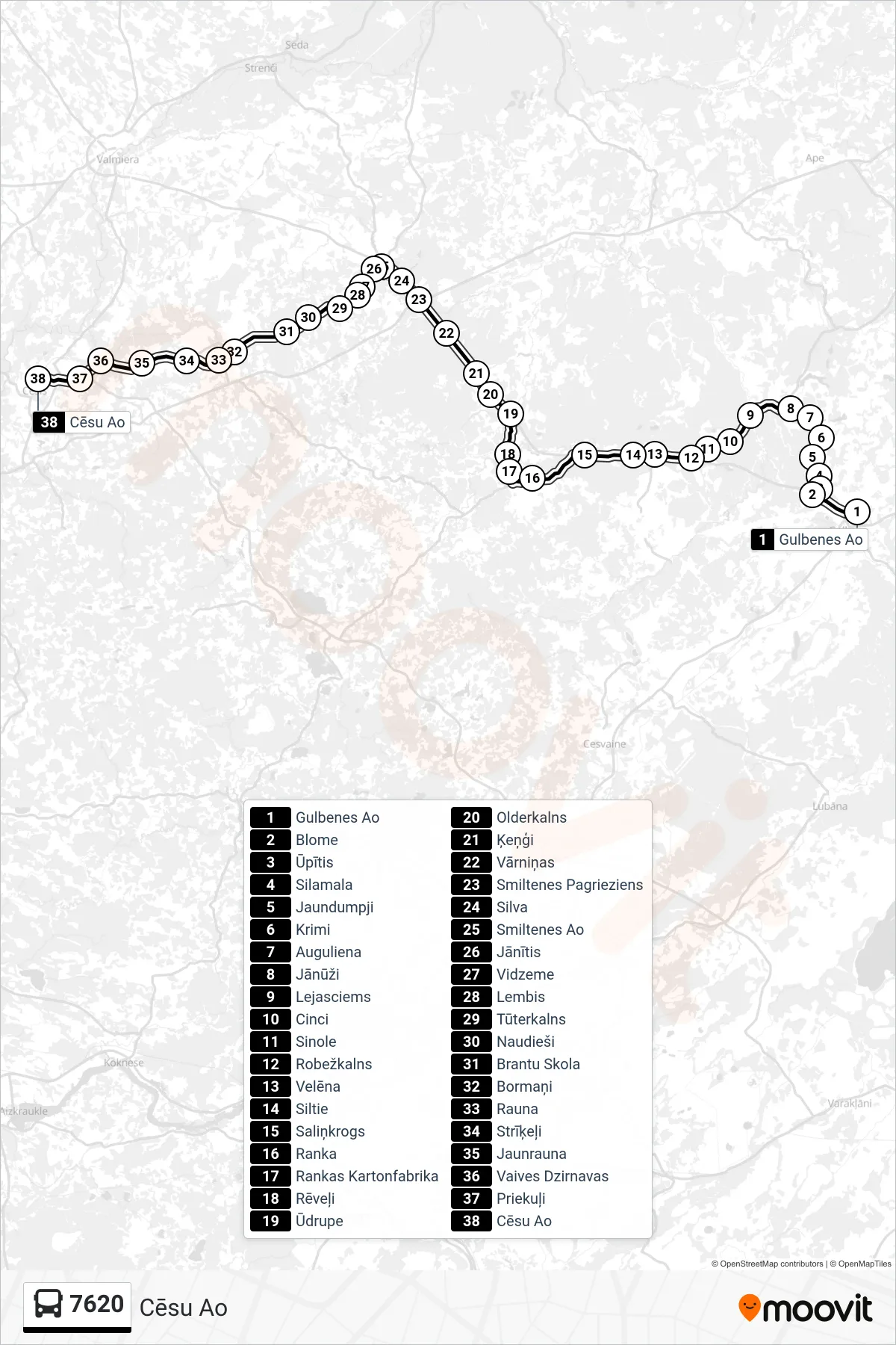7620 bus Line (Cēsu Ao) route and stops on a map