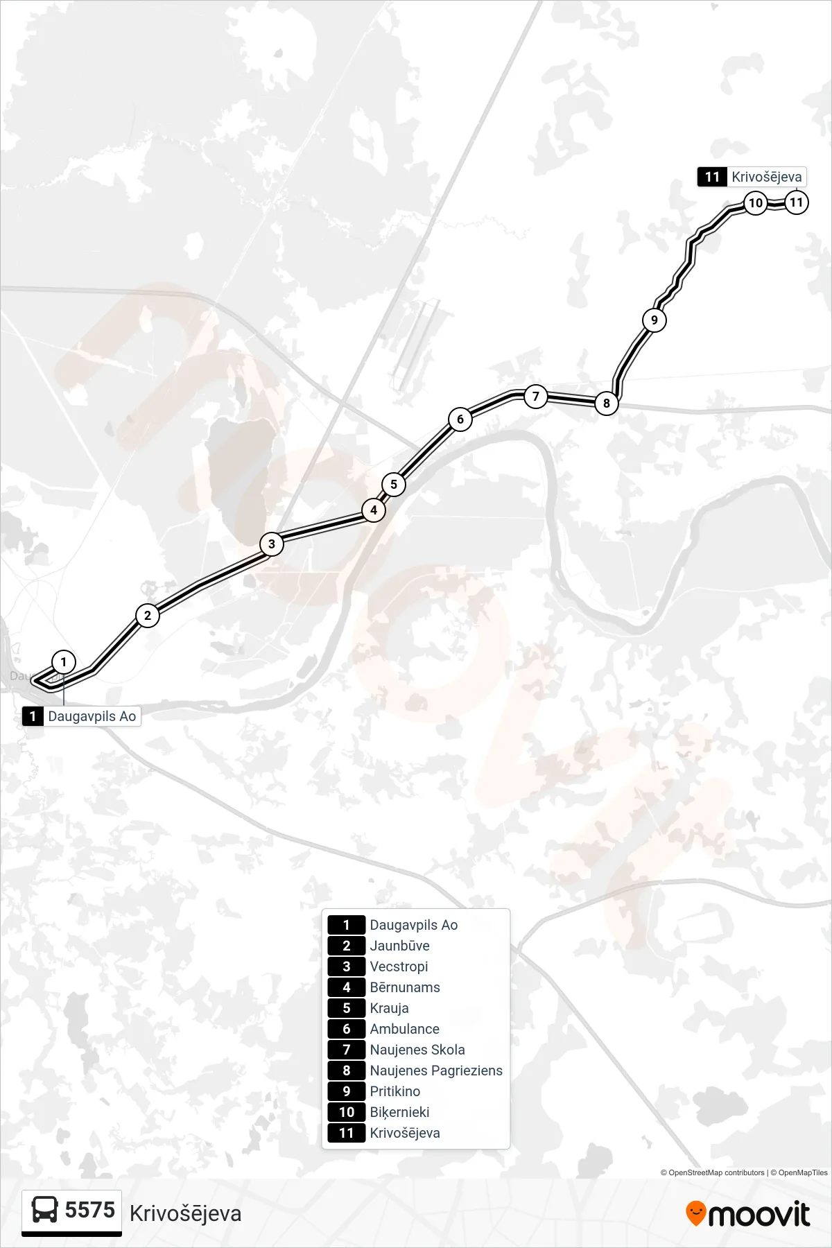 5575 bus Line (Krivošējeva) route and stops on a map