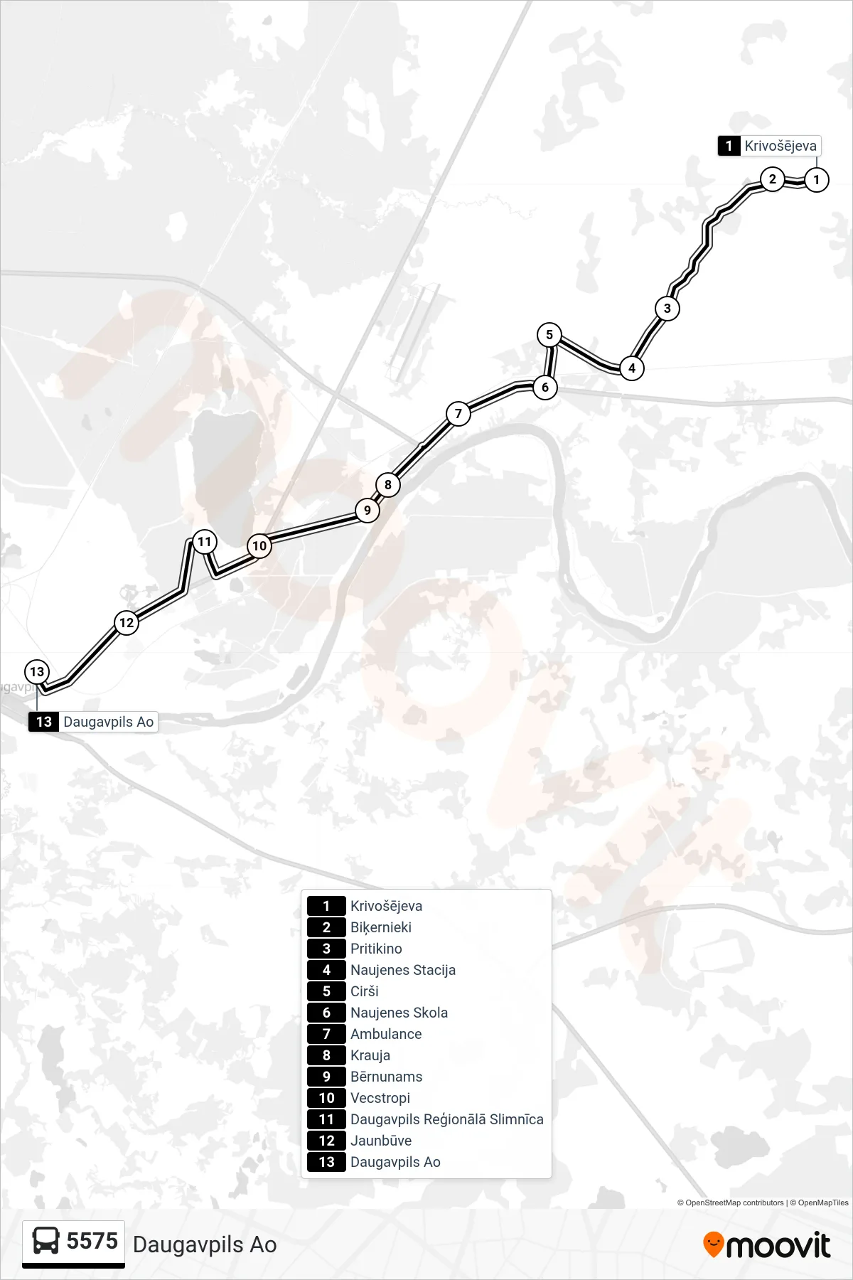 5575 bus Line (Daugavpils Ao) route and stops on a map