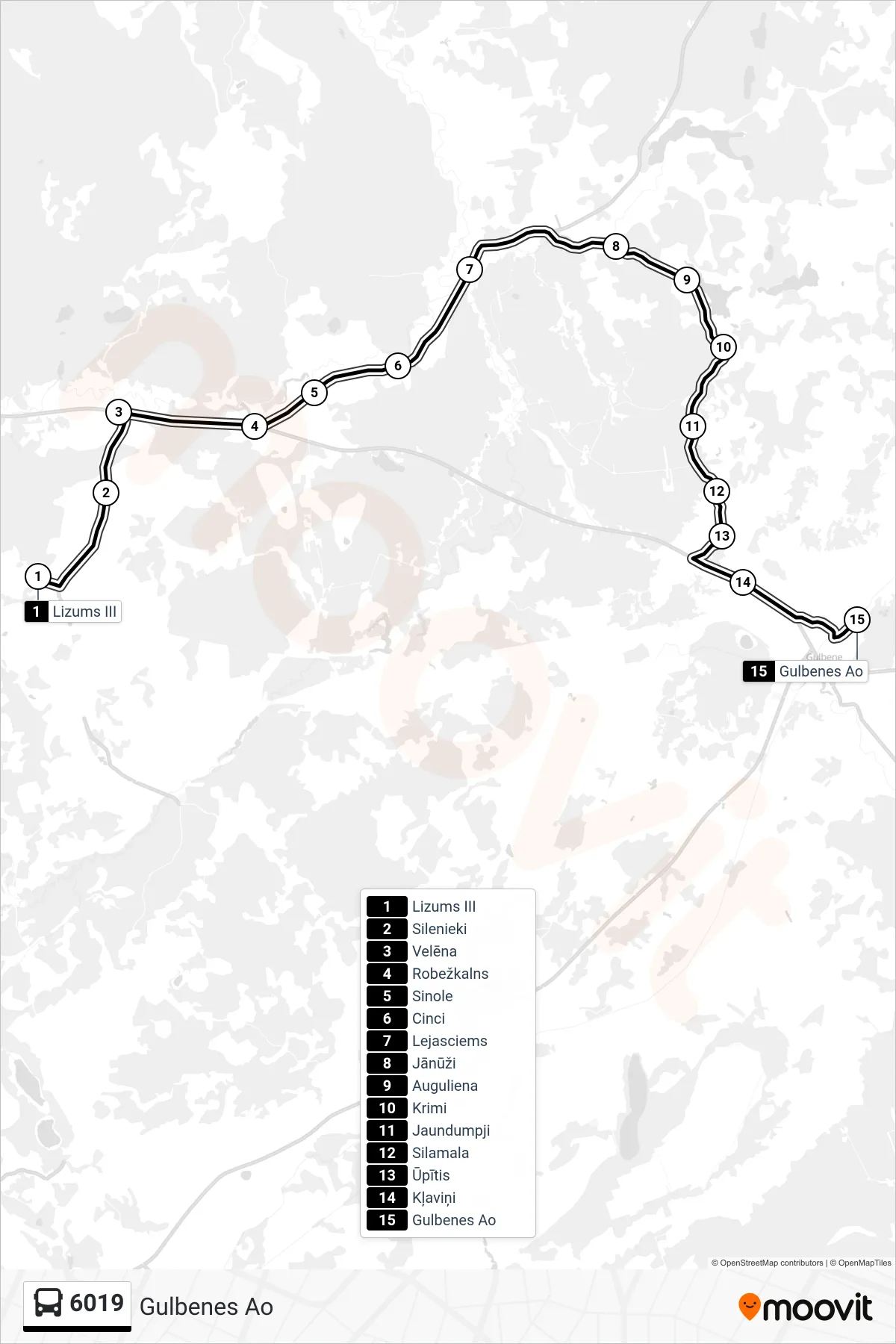 6019 bus Line (Gulbenes Ao) route and stops on a map