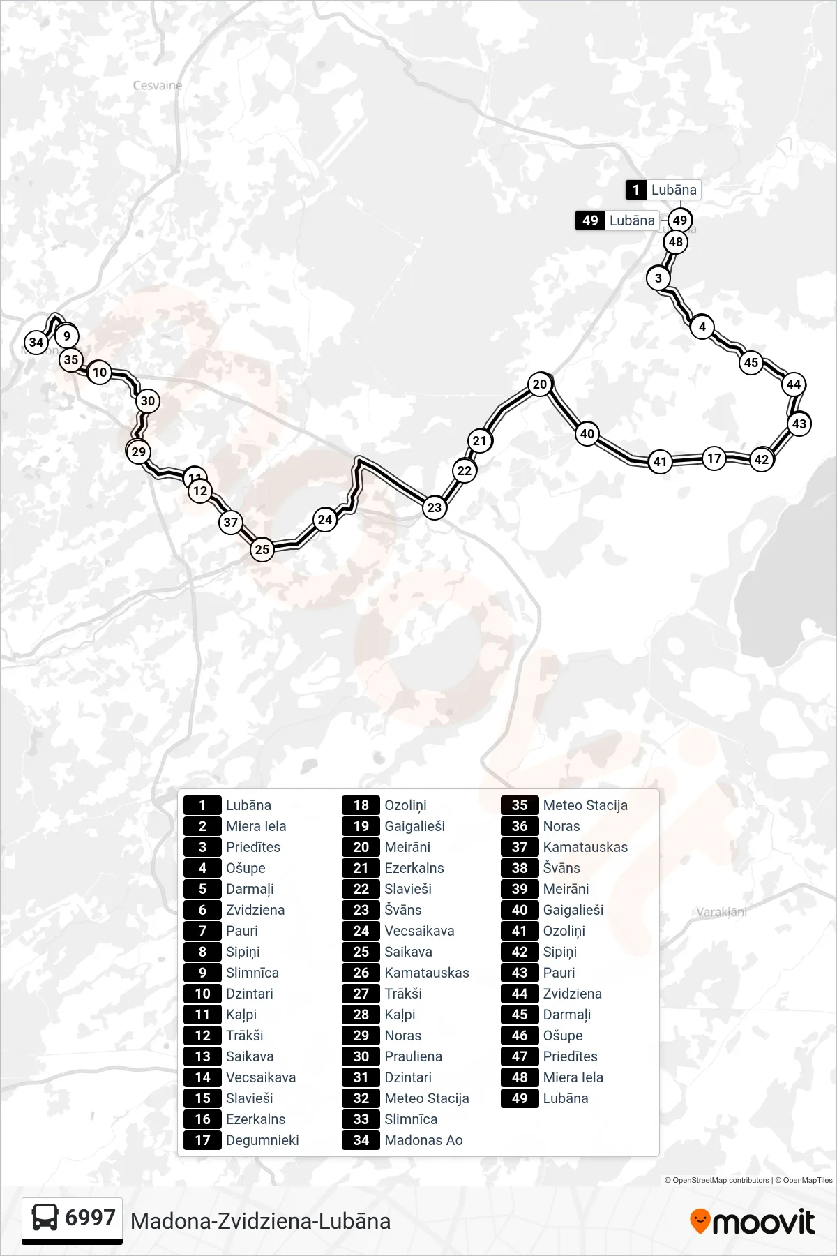6997 bus Line (Lubāna) route and stops on a map