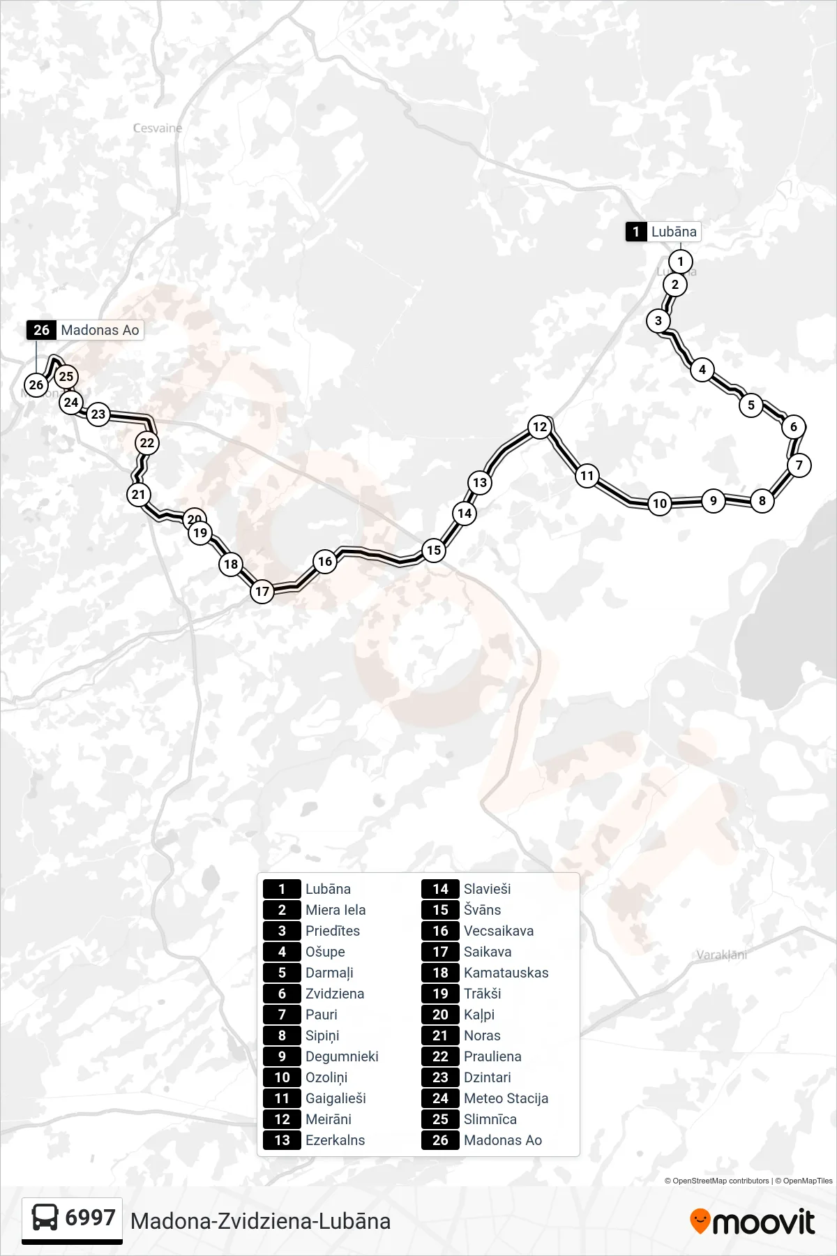 6997 bus Line (Madonas Ao) route and stops on a map