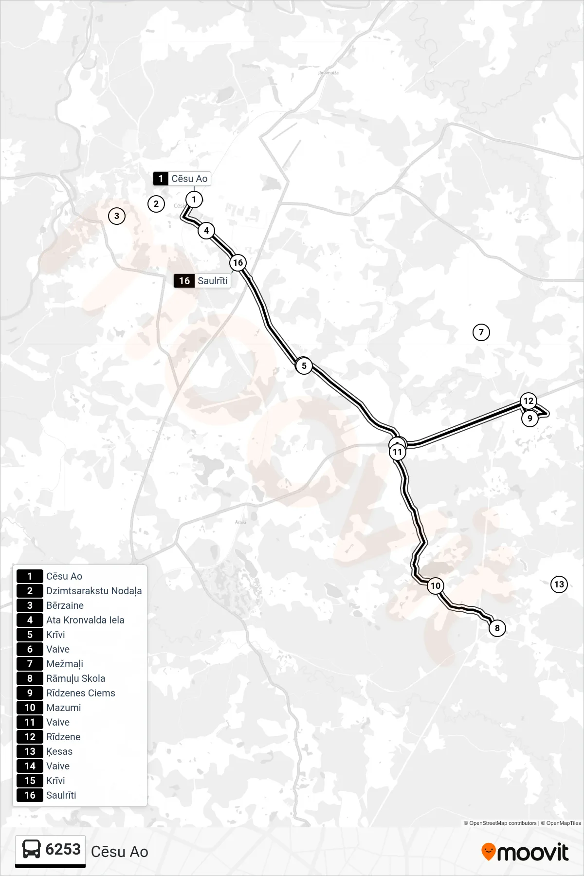 6253 bus Line (Cēsu Ao) route and stops on a map