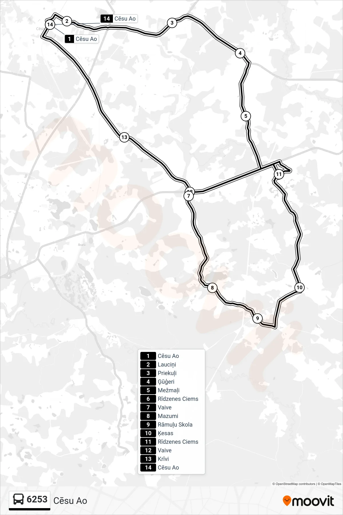 6253 bus Line (Cēsu Ao) route and stops on a map