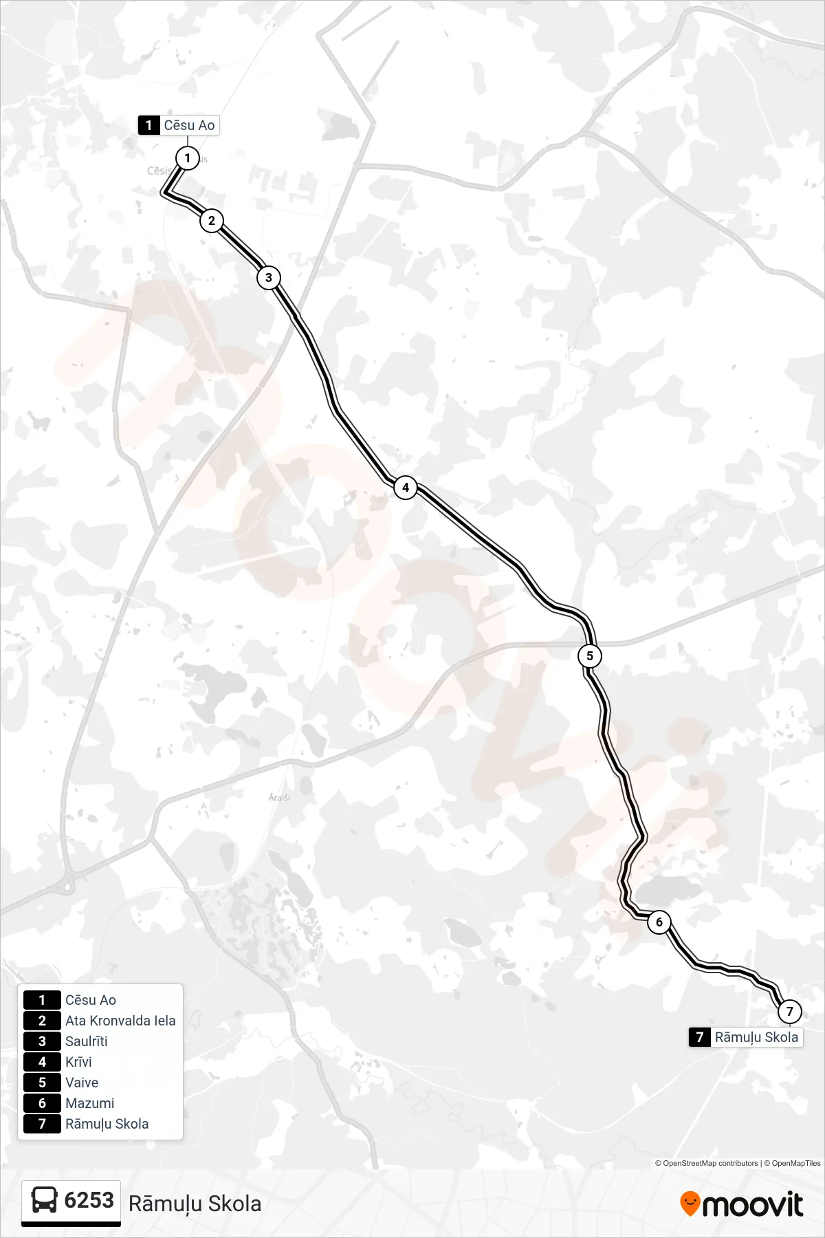 6253 bus Line (Rāmuļu Skola) route and stops on a map