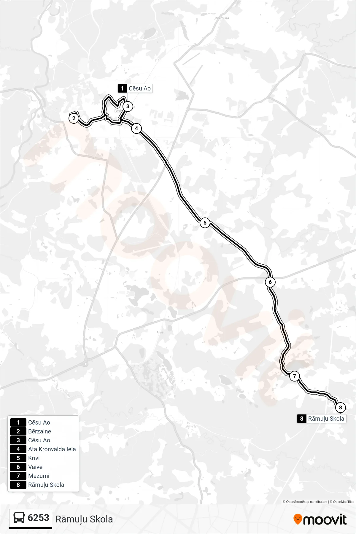 6253 bus Line (Rāmuļu Skola) route and stops on a map