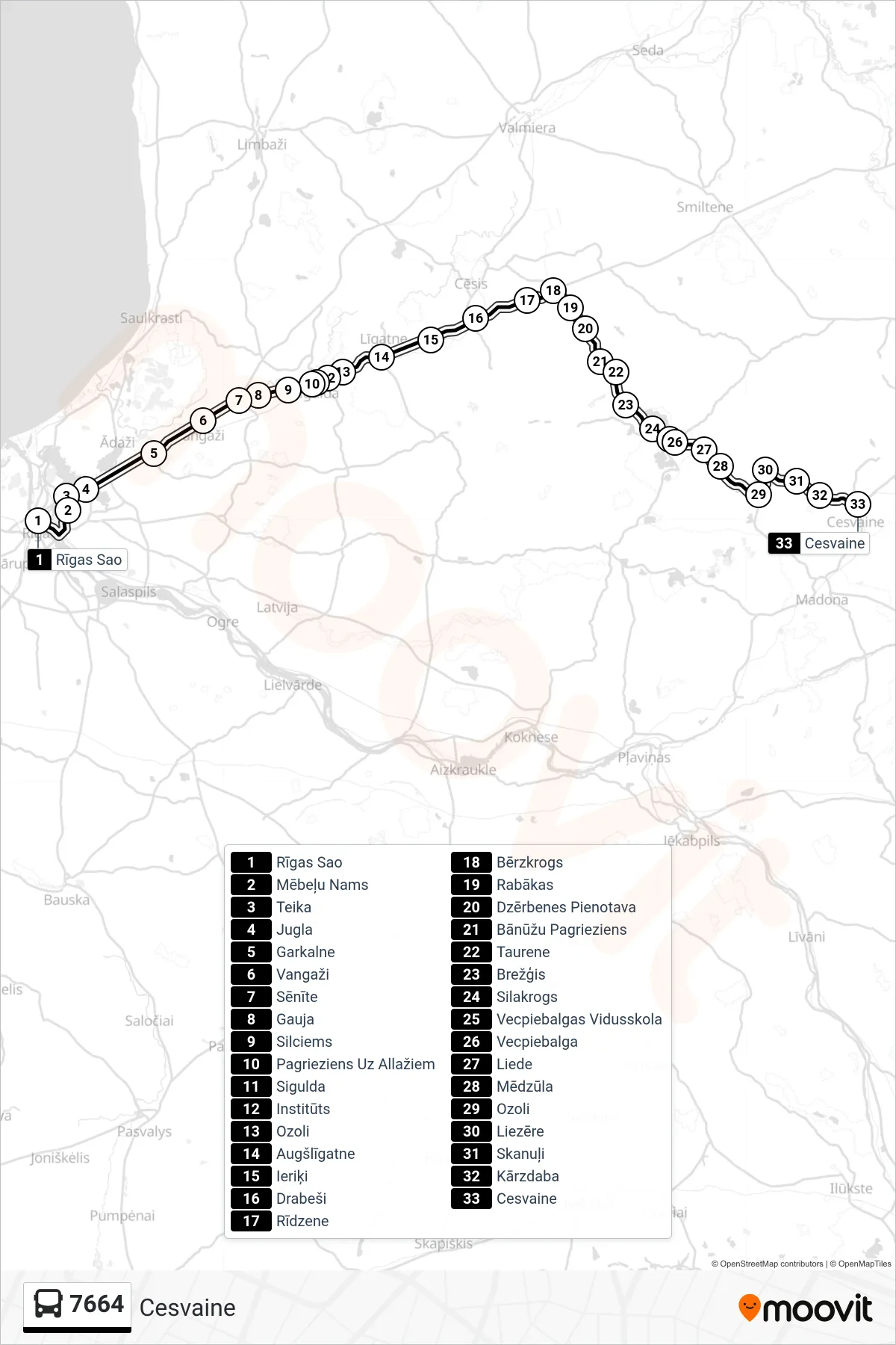 7664 bus Line (Cesvaine) route and stops on a map