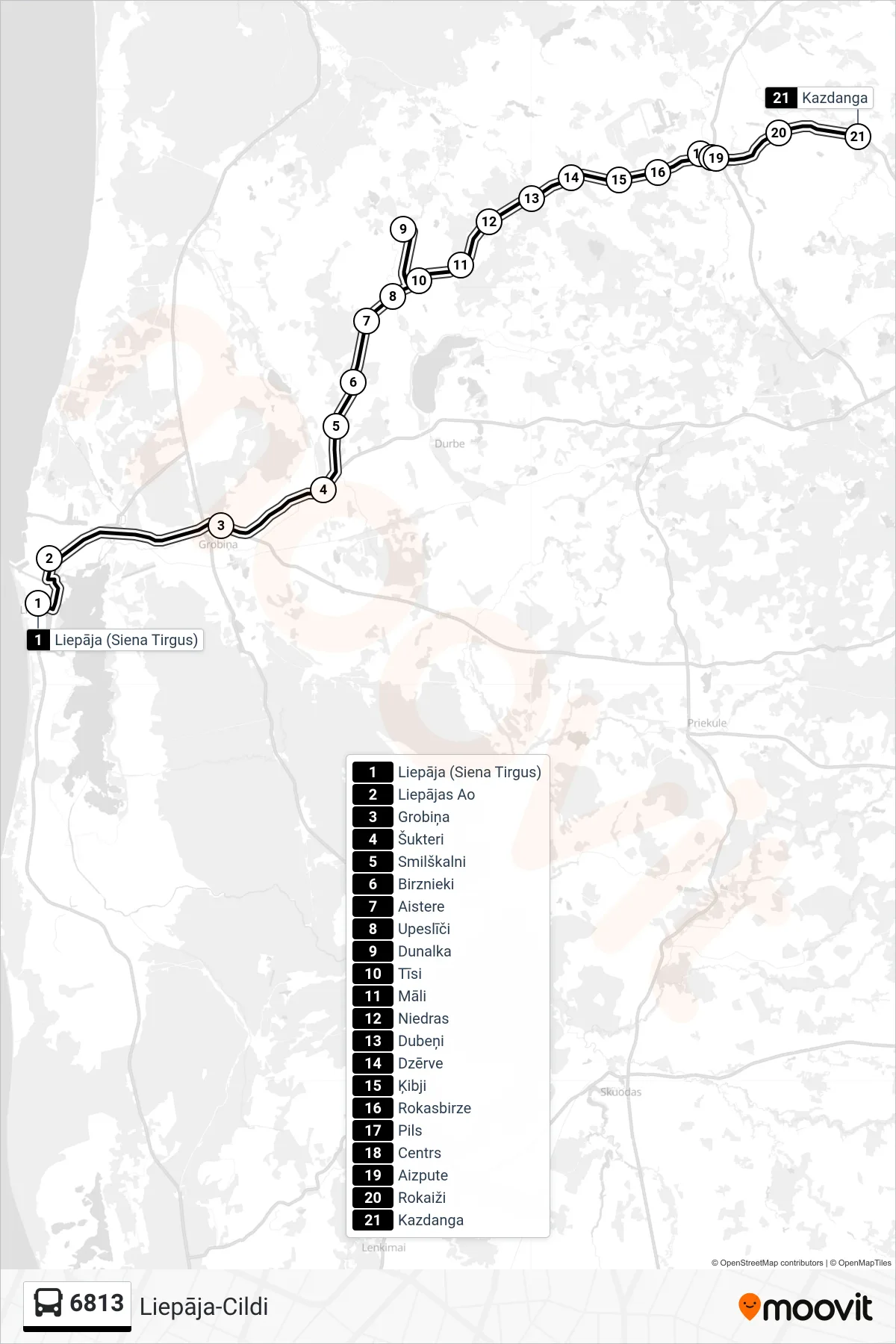6813 bus Line (Kazdanga) route and stops on a map