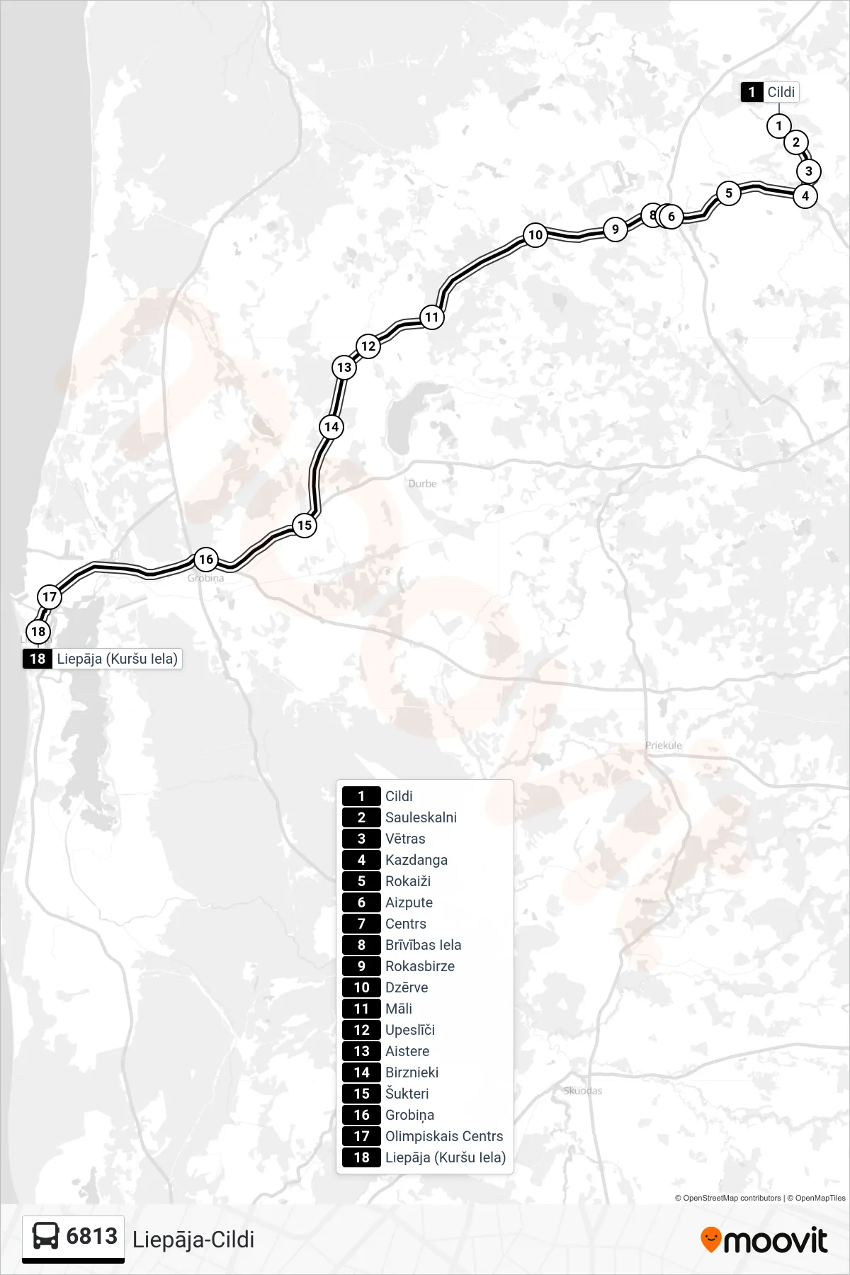 6813 bus Line (Liepāja (Kuršu Iela)) route and stops on a map