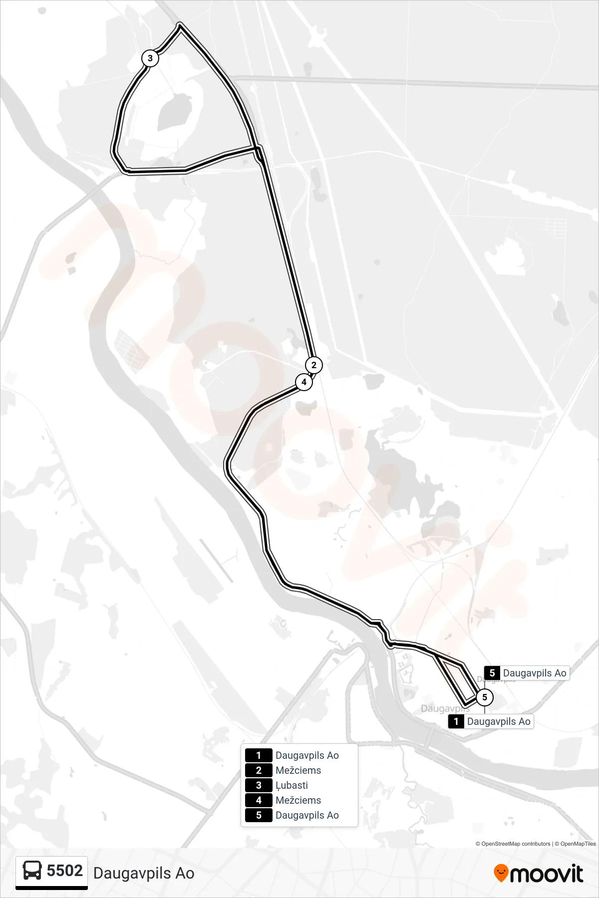 5502 bus Line (Daugavpils Ao) route and stops on a map