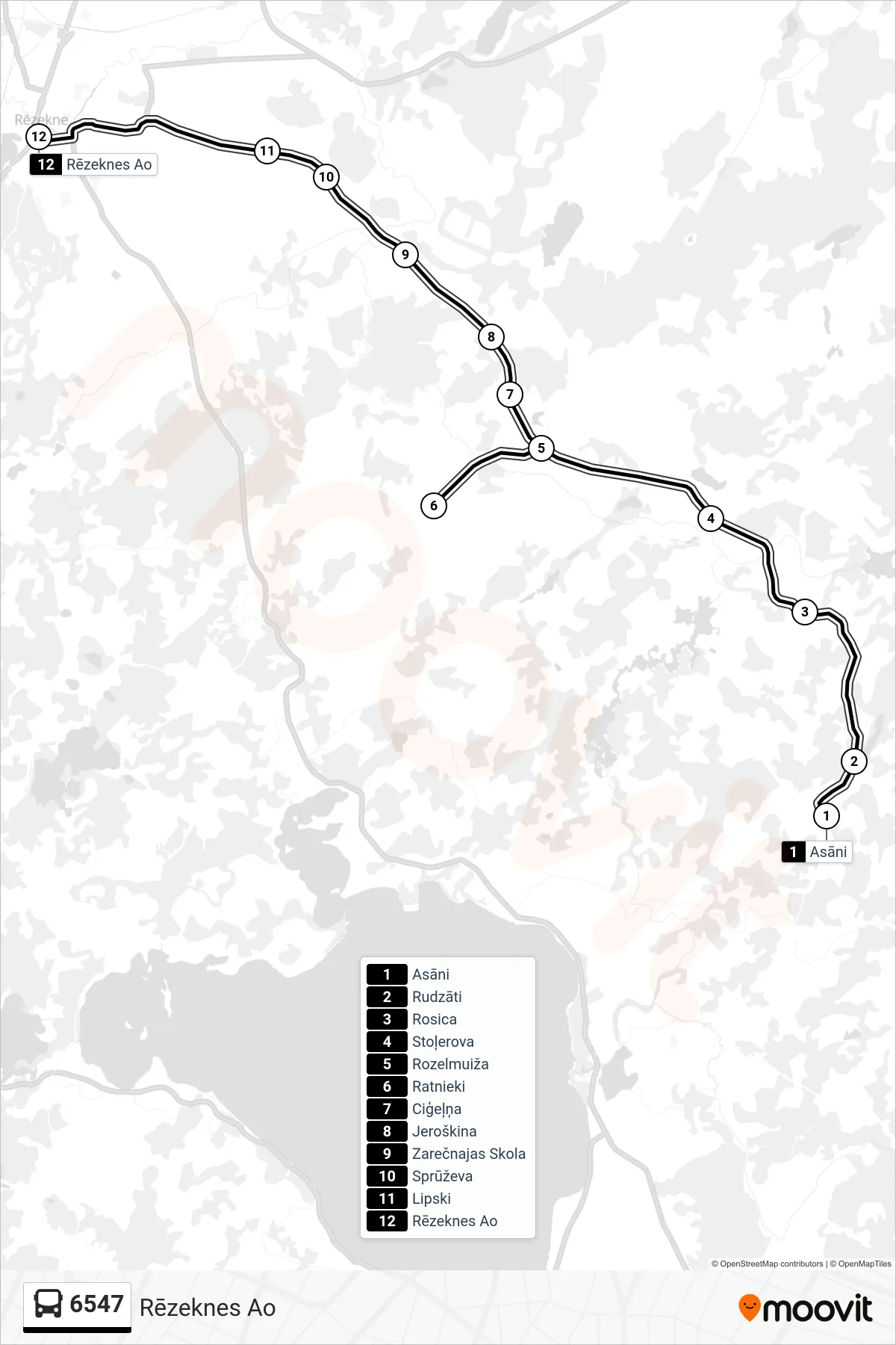 6547 bus Line (Rēzeknes Ao) route and stops on a map