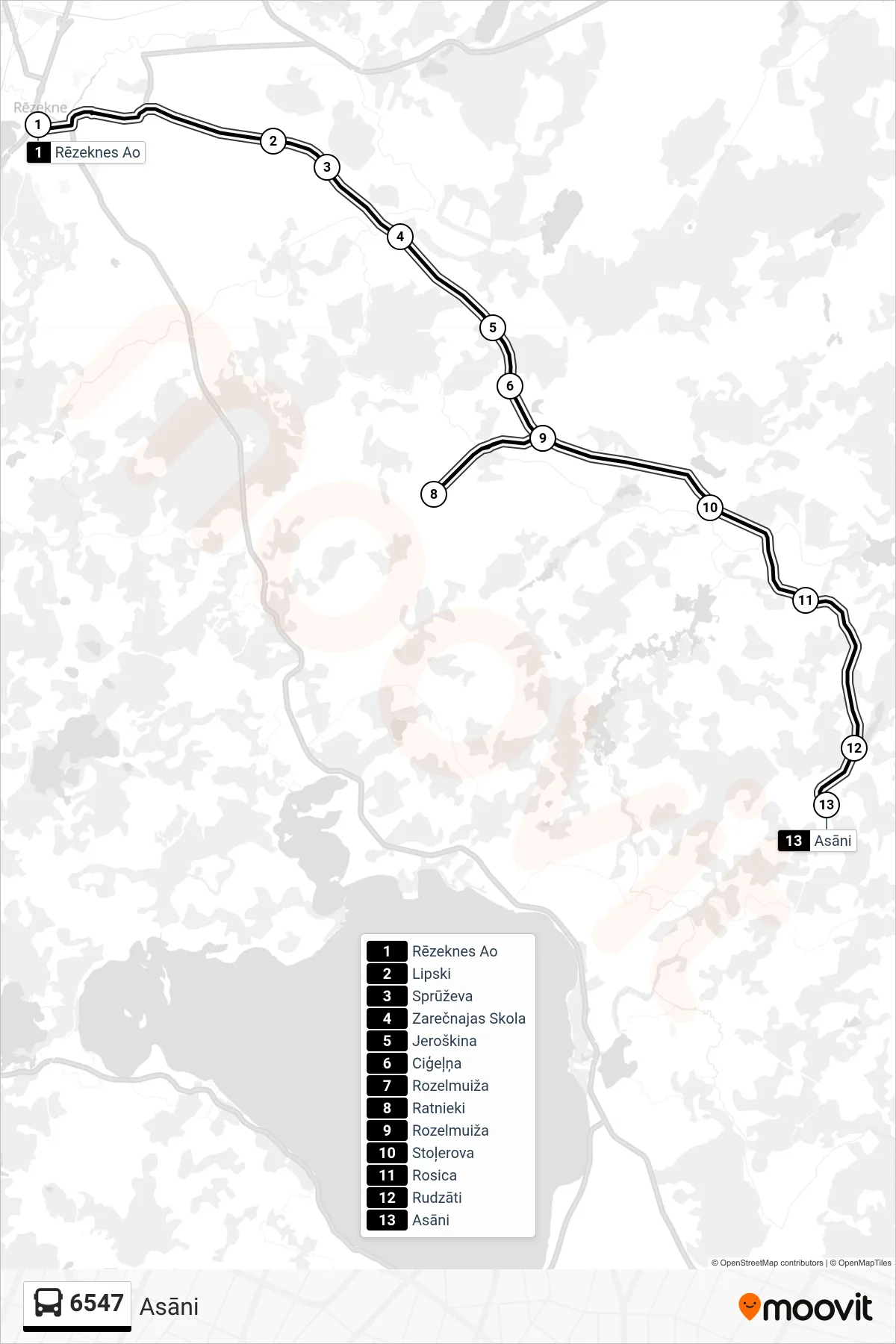 6547 bus Line (Asāni) route and stops on a map