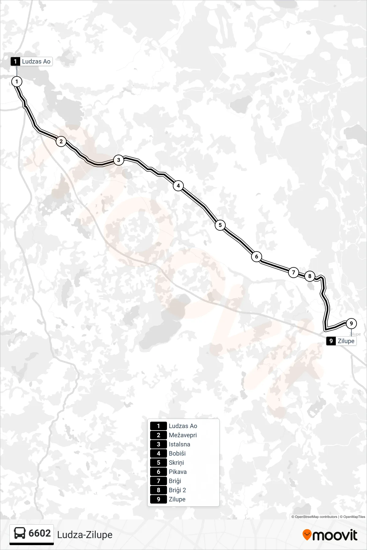 6602 bus Line (Zilupe) route and stops on a map