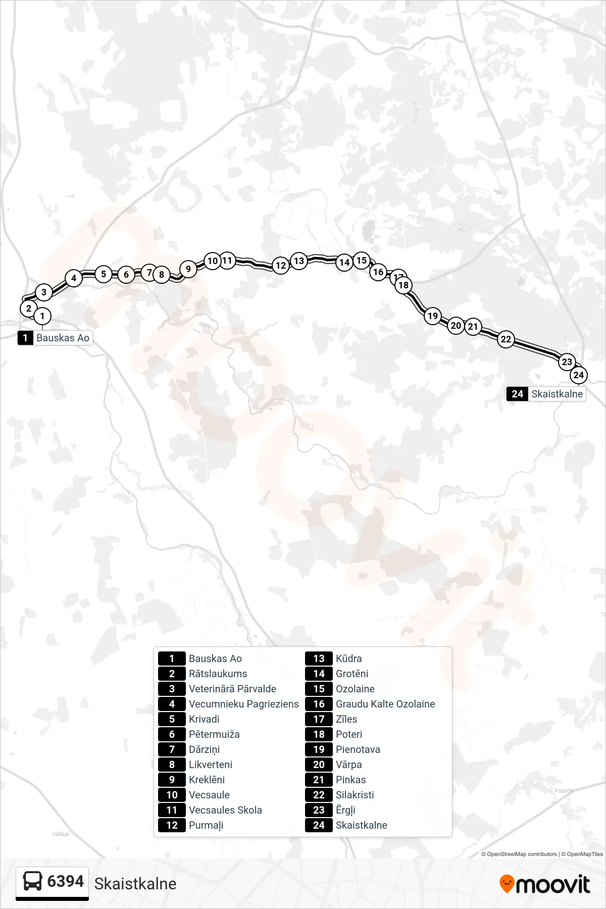 6394 bus Line (Skaistkalne) route and stops on a map
