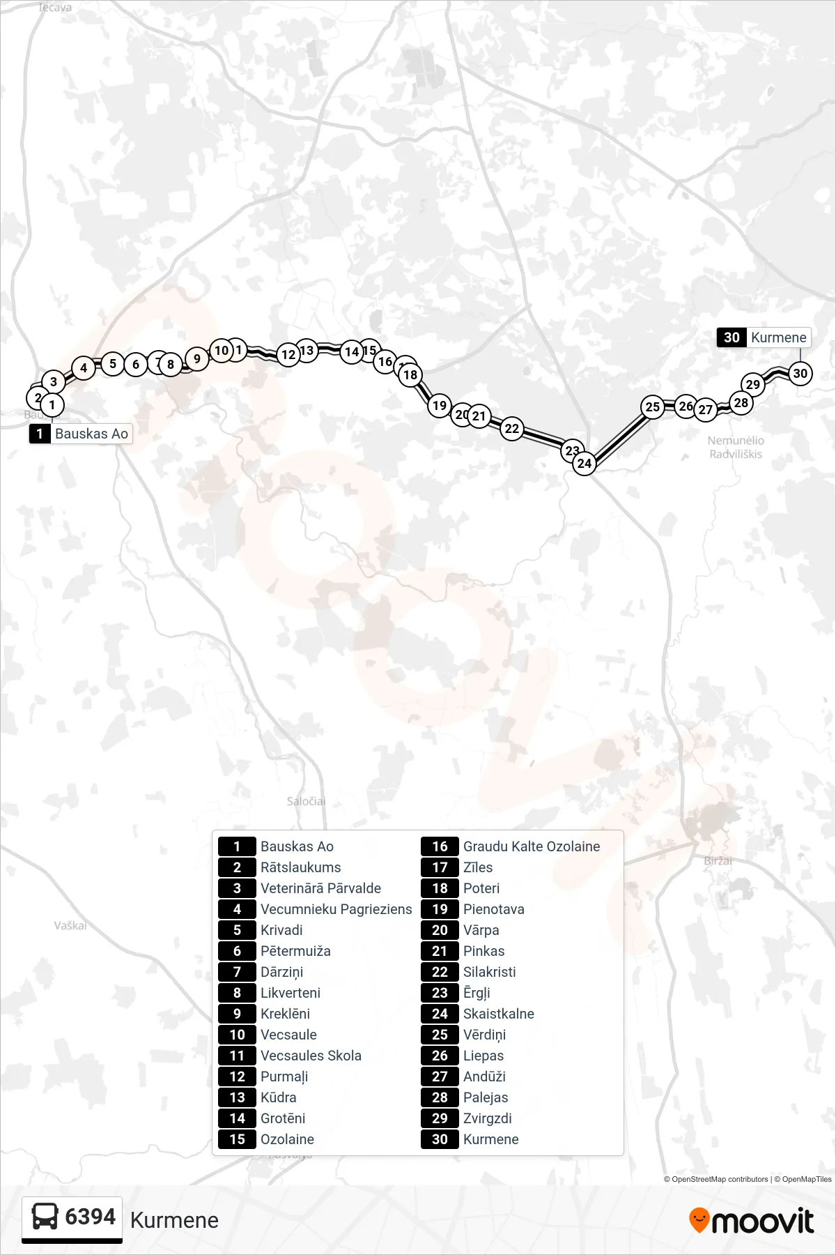 6394 bus Line (Kurmene) route and stops on a map