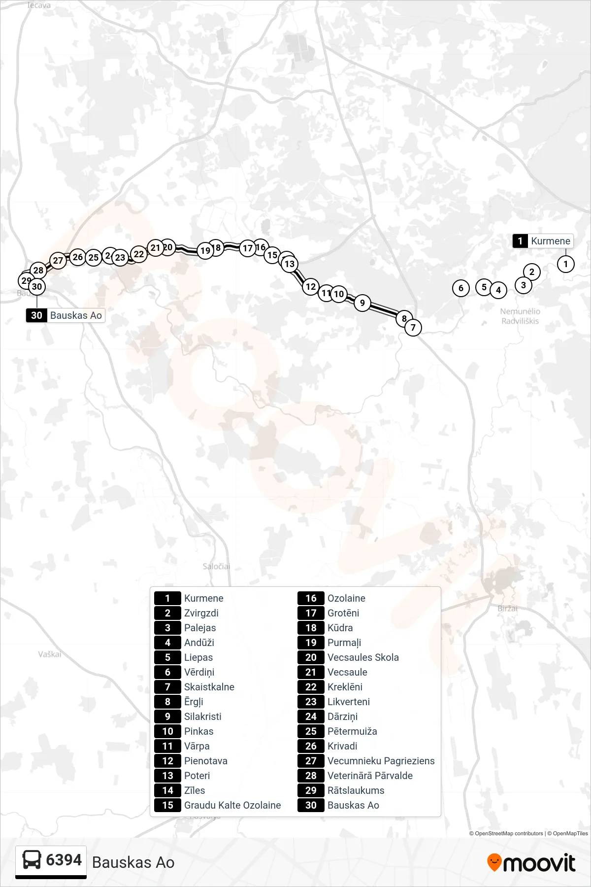 6394 bus Line (Bauskas Ao) route and stops on a map