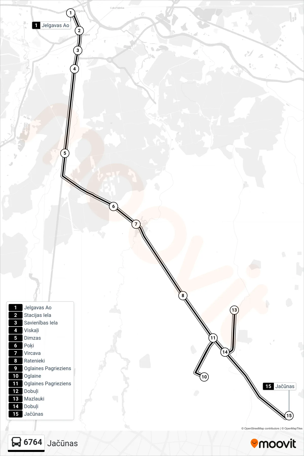 6764 bus Line (Jačūnas) route and stops on a map