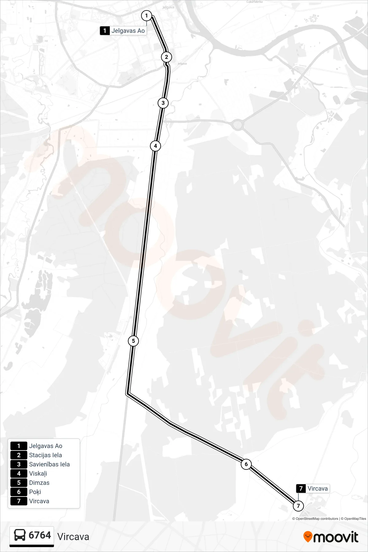 6764 bus Line (Vircava) route and stops on a map