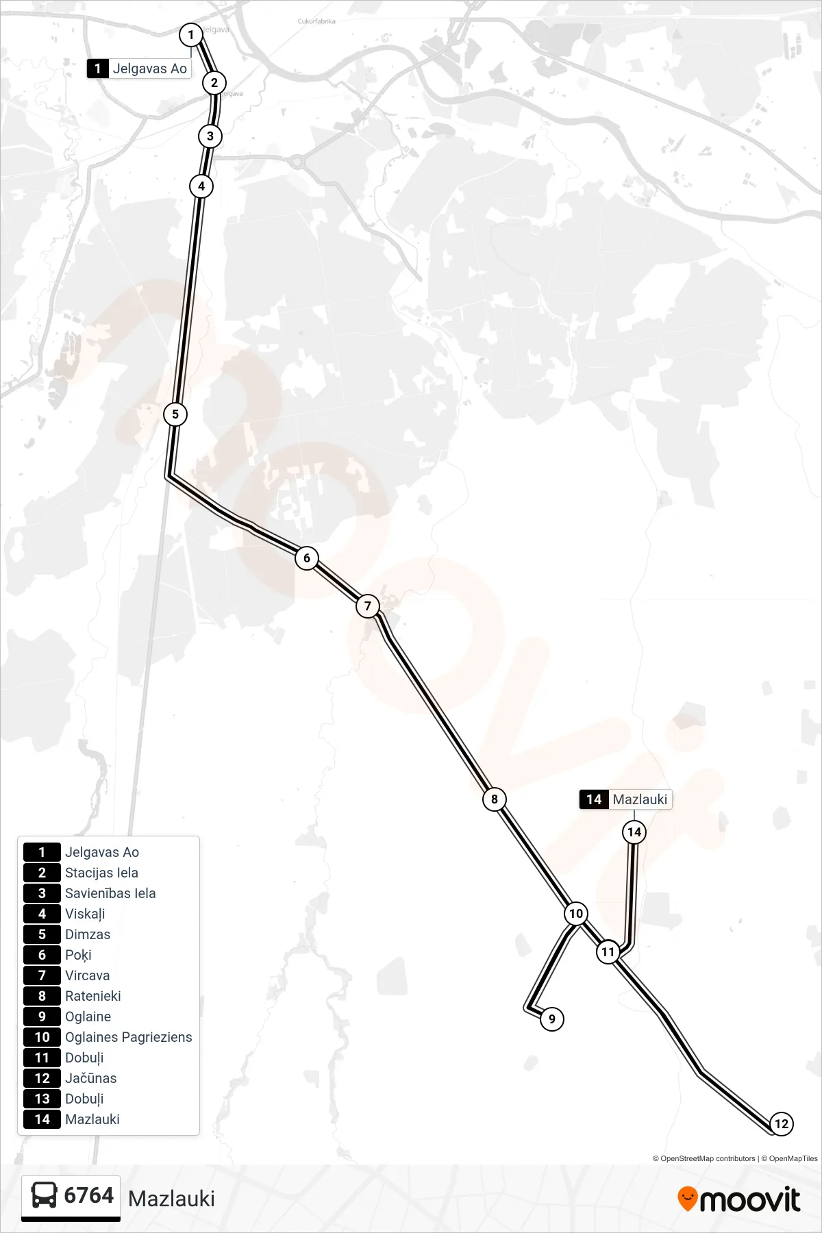 6764 bus Line (Mazlauki) route and stops on a map