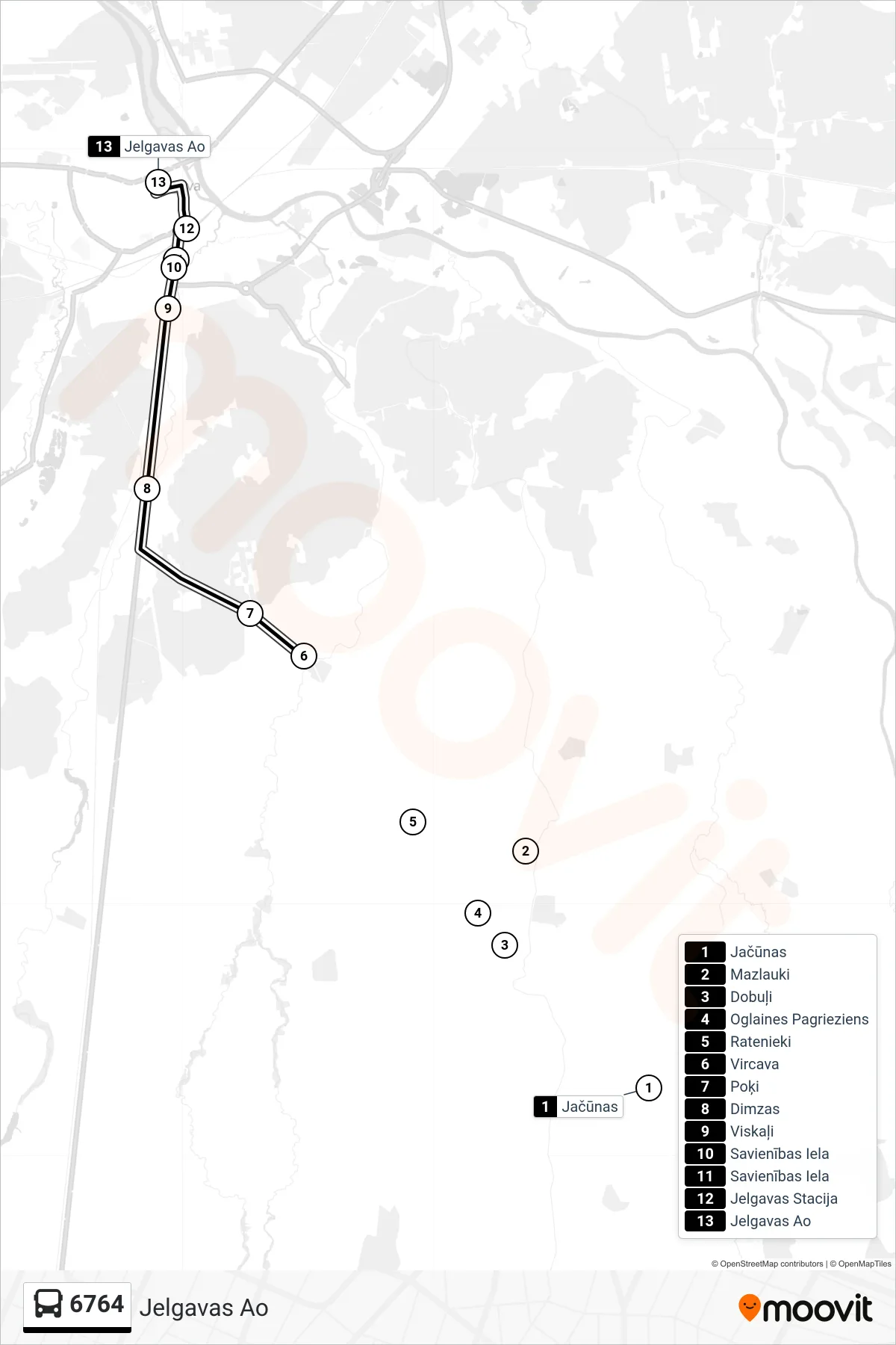6764 bus Line (Jelgavas Ao) route and stops on a map