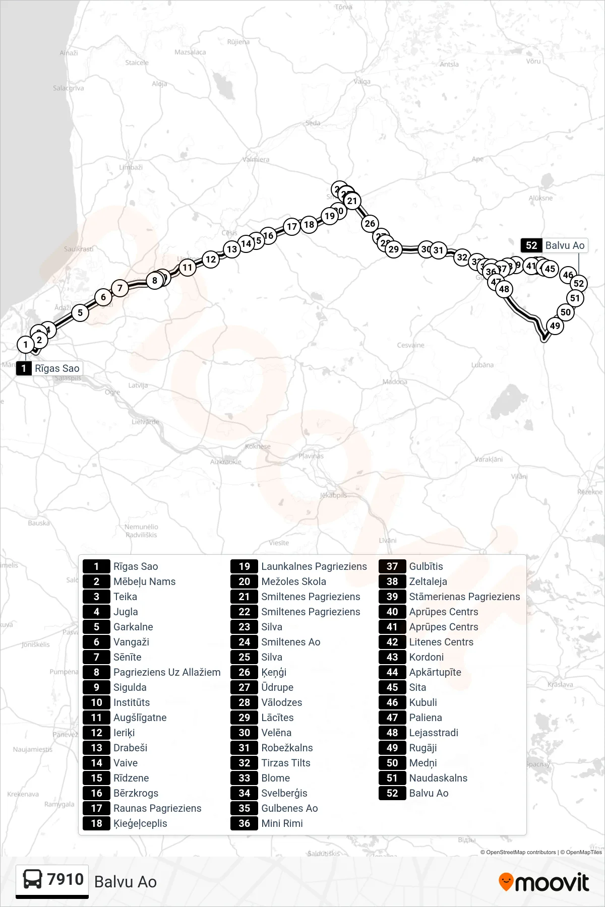 7910 bus Line (Balvu Ao) route and stops on a map