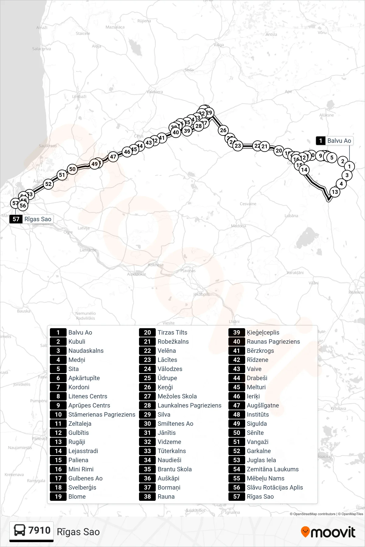 7910 bus Line (Rīgas Sao) route and stops on a map