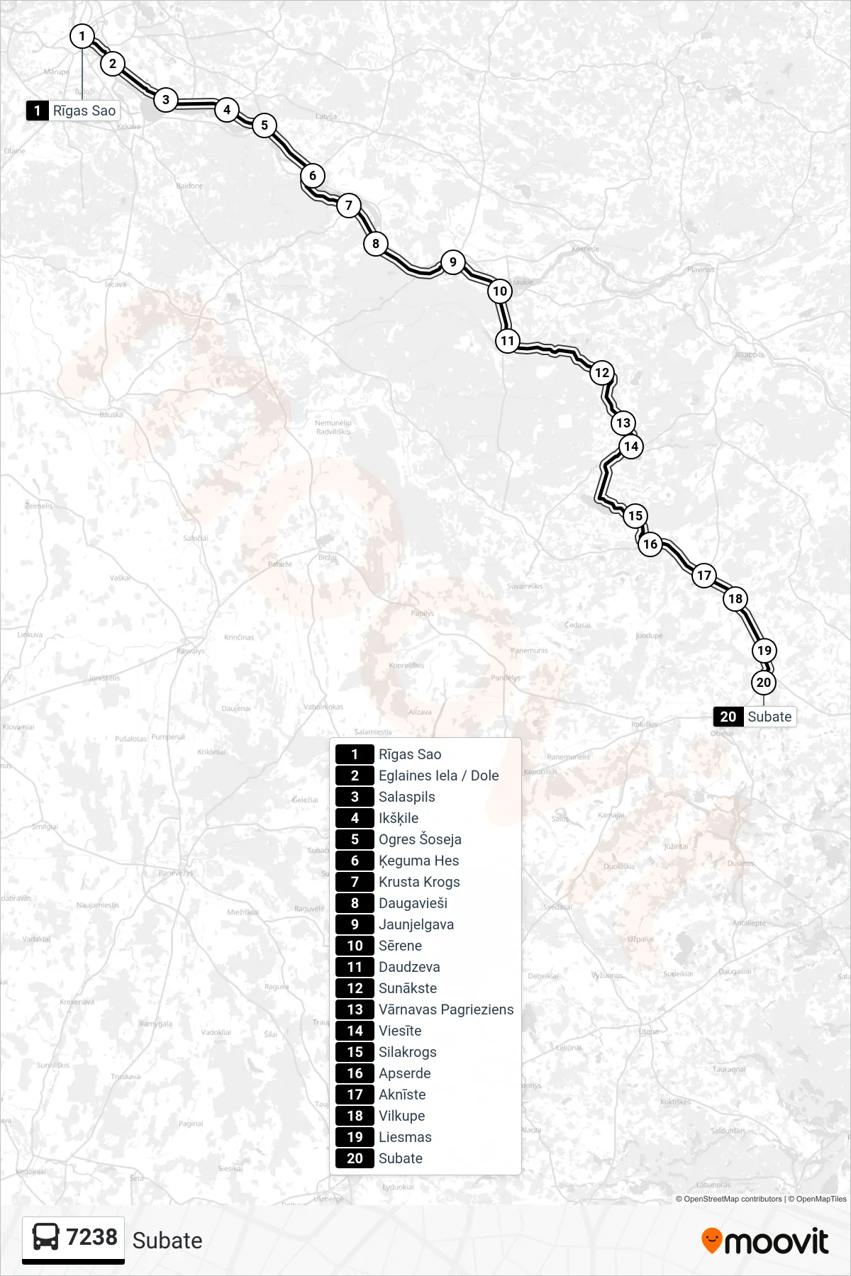 7238 bus Line (Subate) route and stops on a map
