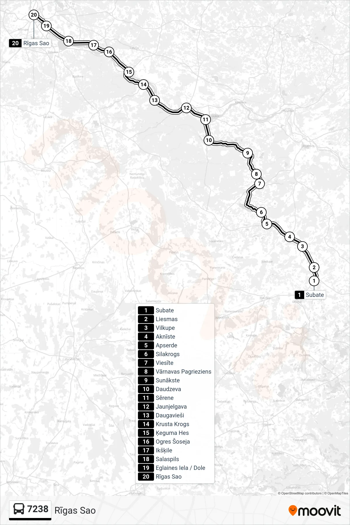 7238 bus Line (Rīgas Sao) route and stops on a map
