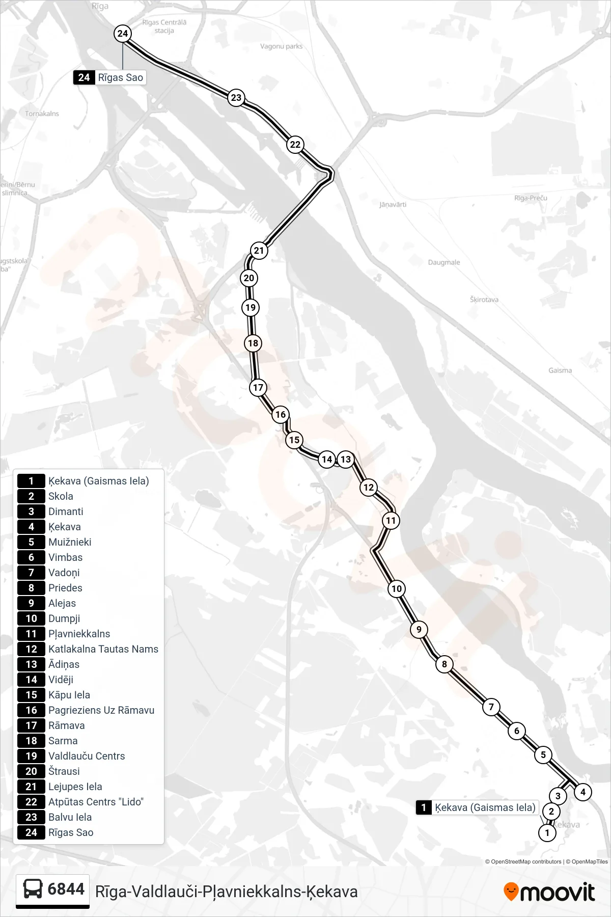6844 bus Line (Rīgas Sao) route and stops on a map