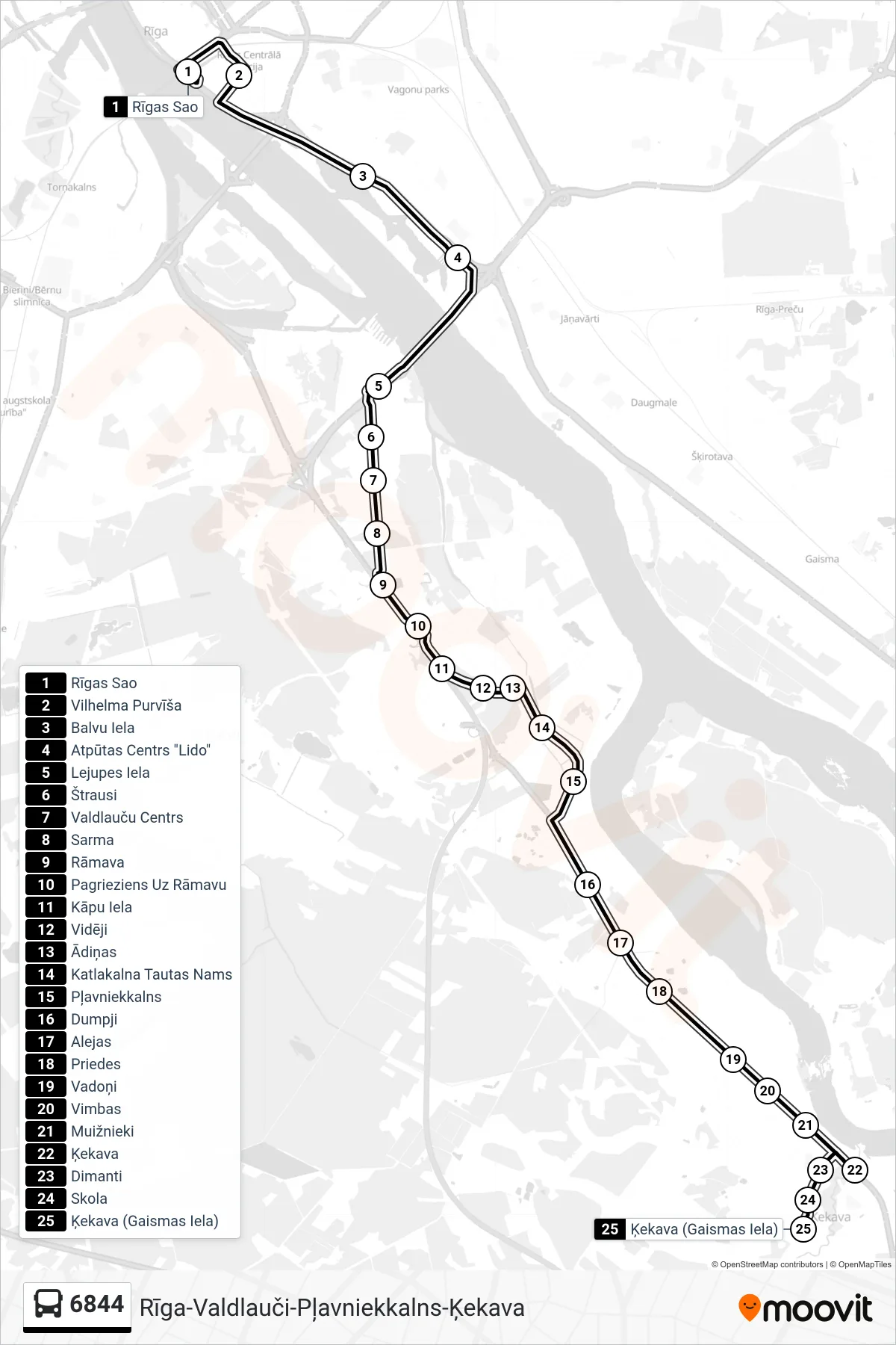 6844 bus Line (Ķekava (Gaismas Iela)) route and stops on a map