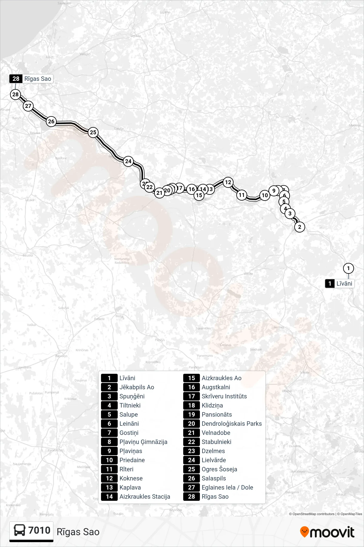 7010 bus Line (Rīgas Sao) route and stops on a map