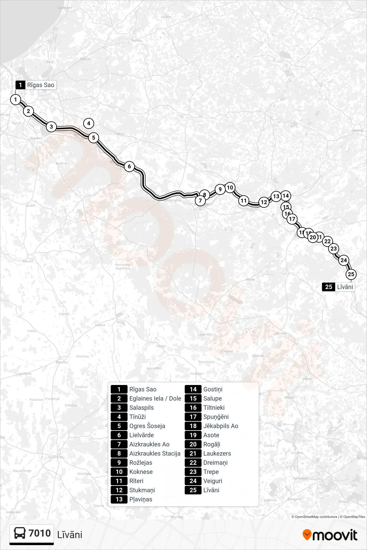 7010 bus Line (Līvāni) route and stops on a map
