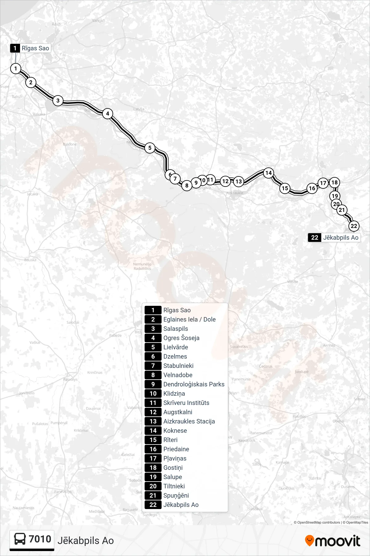 7010 bus Line (Jēkabpils Ao) route and stops on a map