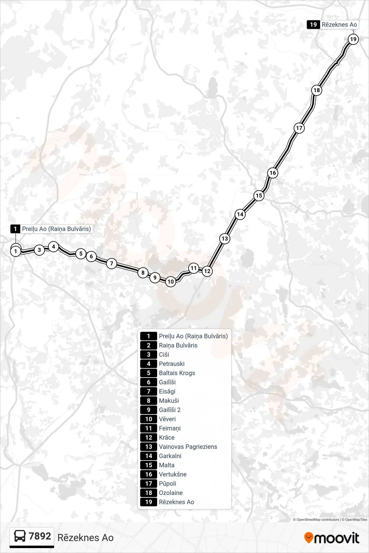 7892 bus Line (Rēzeknes Ao) route and stops on a map