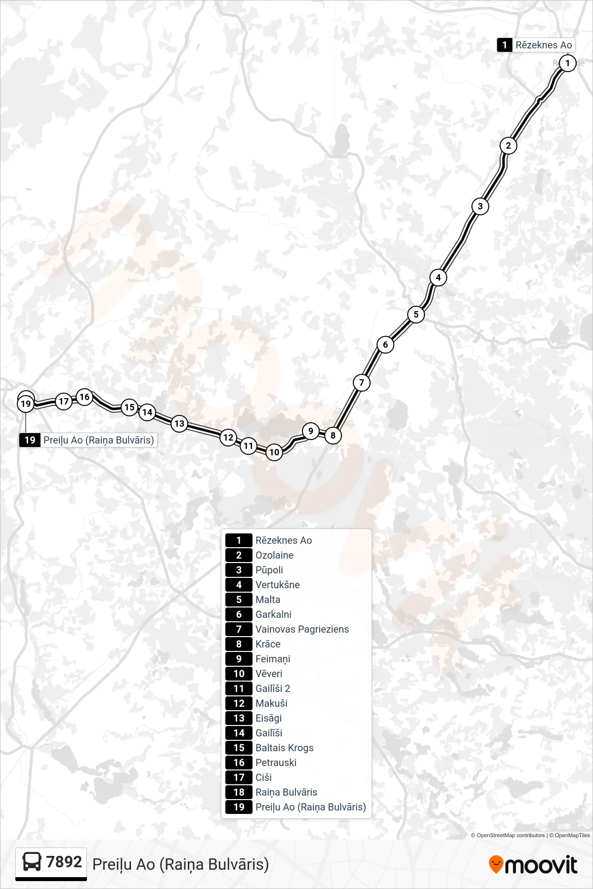 7892 bus Line (Preiļu Ao (Raiņa Bulvāris)) route and stops on a map