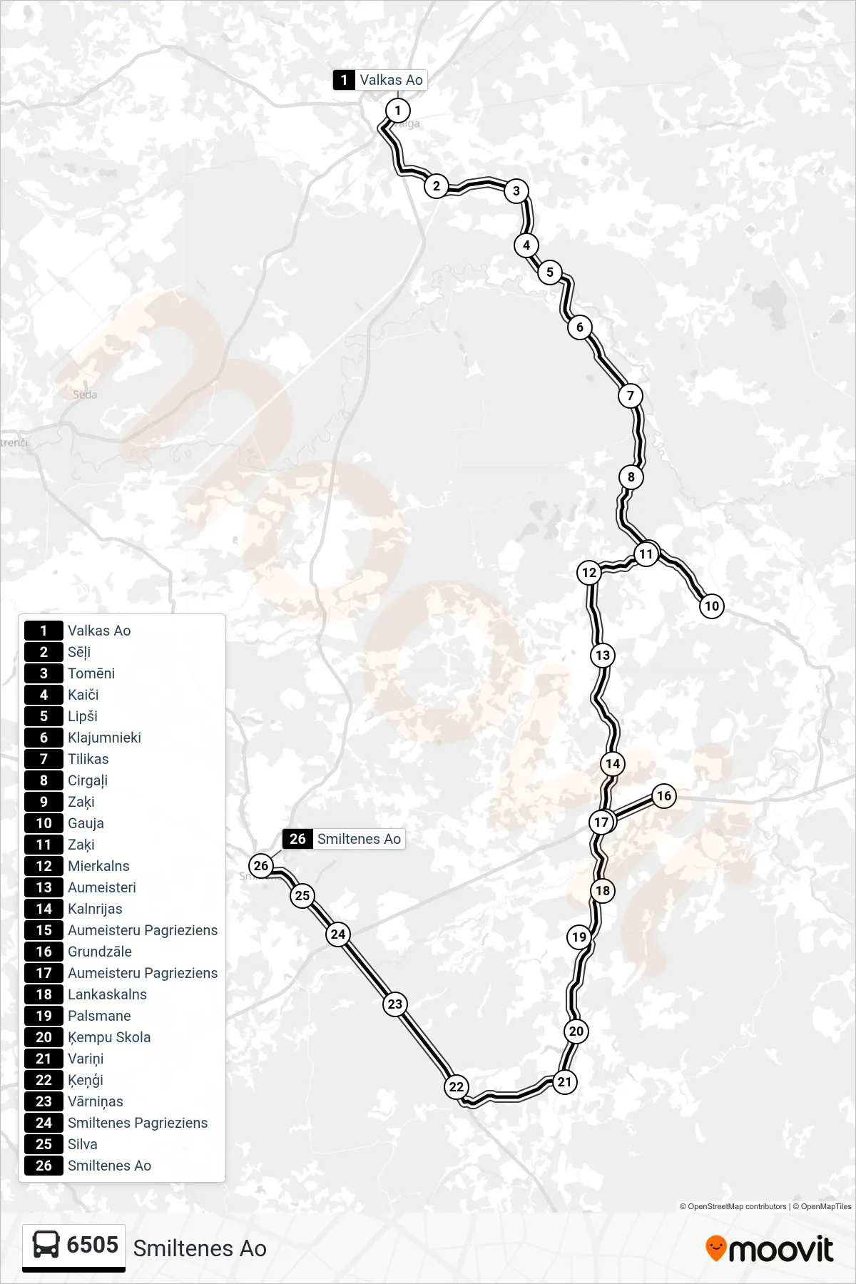 6505 bus Line (Smiltenes Ao) route and stops on a map