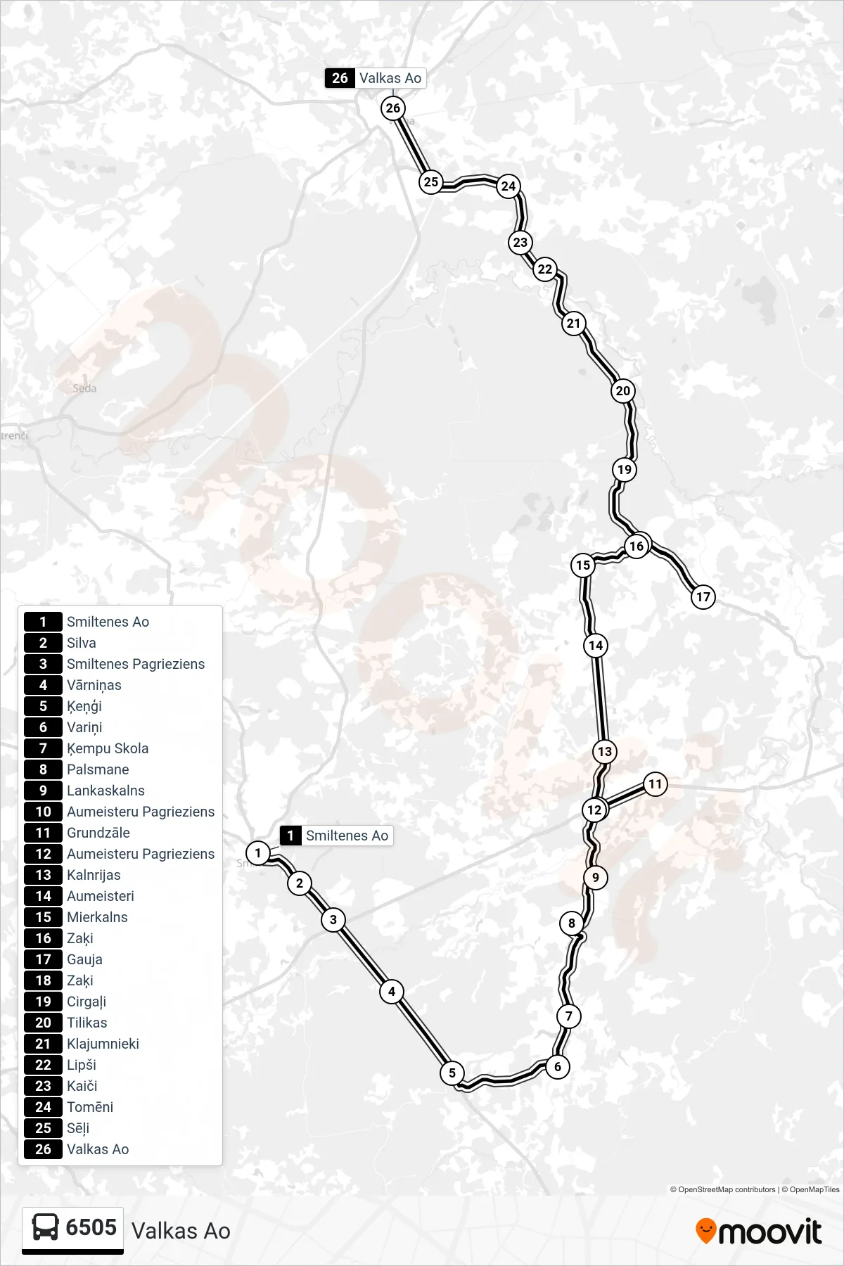 6505 bus Line (Valkas Ao) route and stops on a map