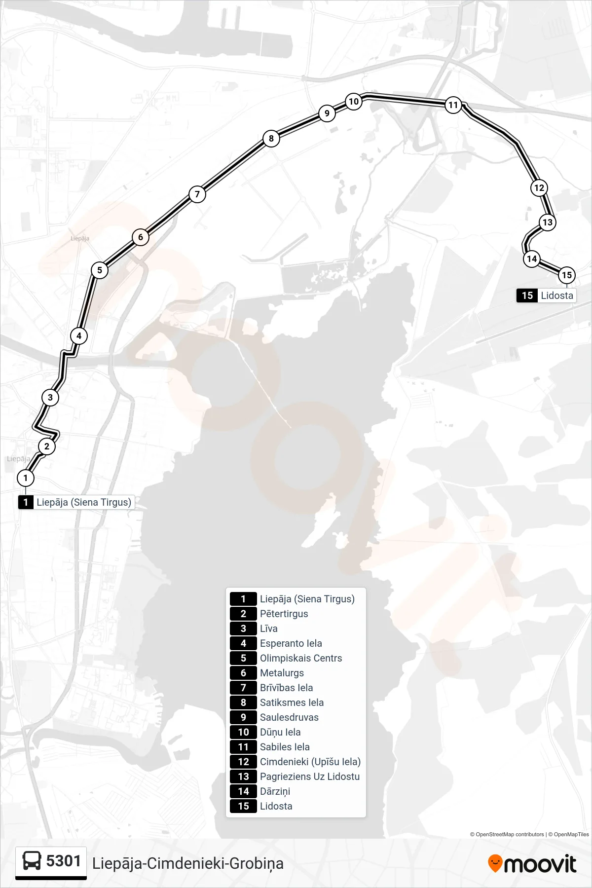5301 bus Line (Lidosta) route and stops on a map