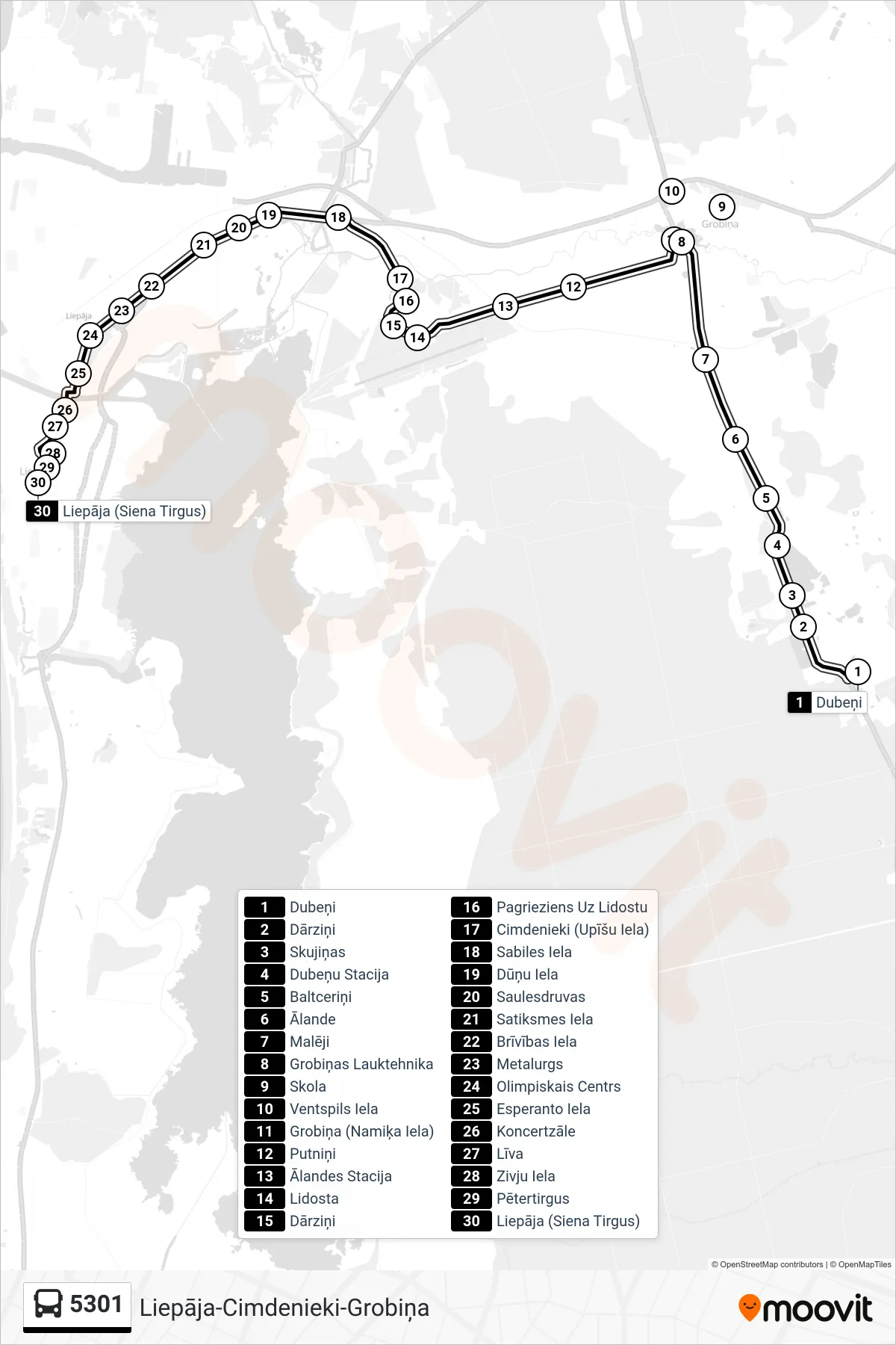 5301 bus Line (Liepāja (Siena Tirgus)) route and stops on a map