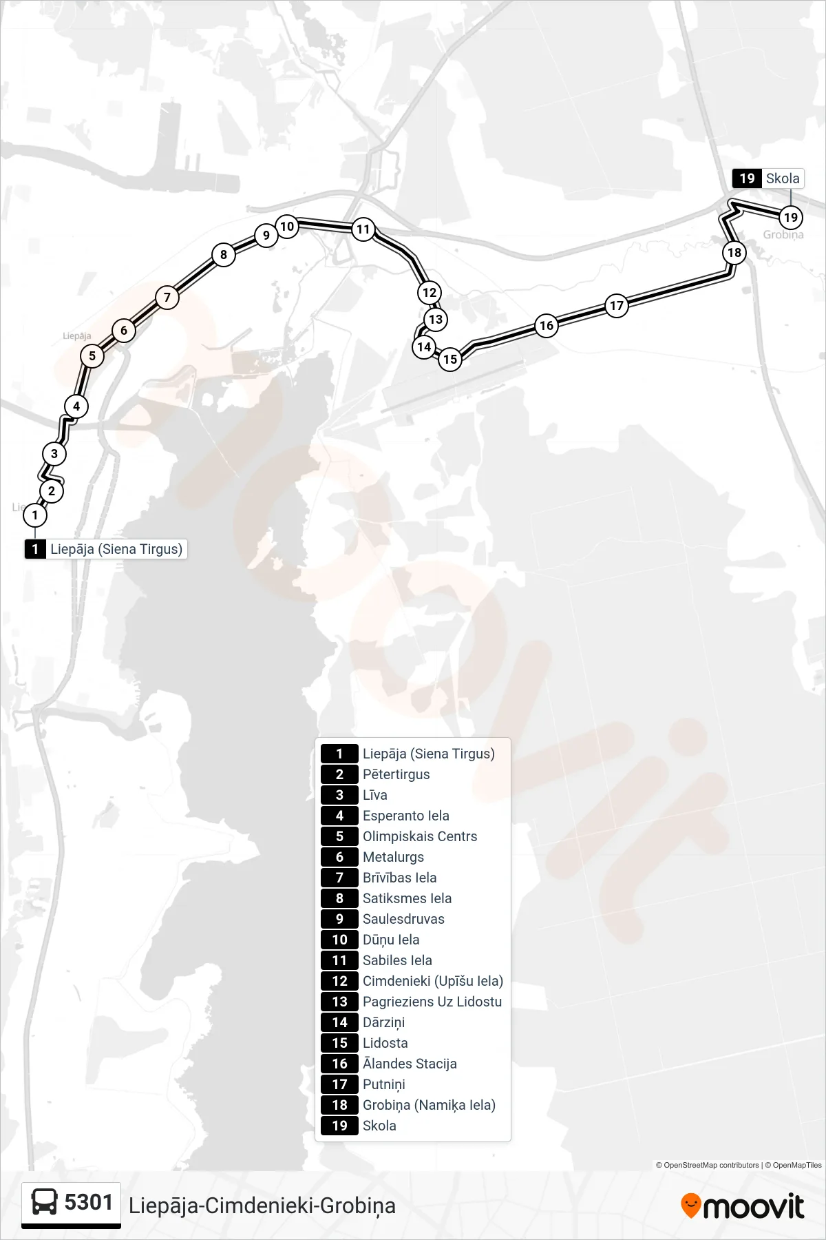 5301 bus Line (Skola) route and stops on a map