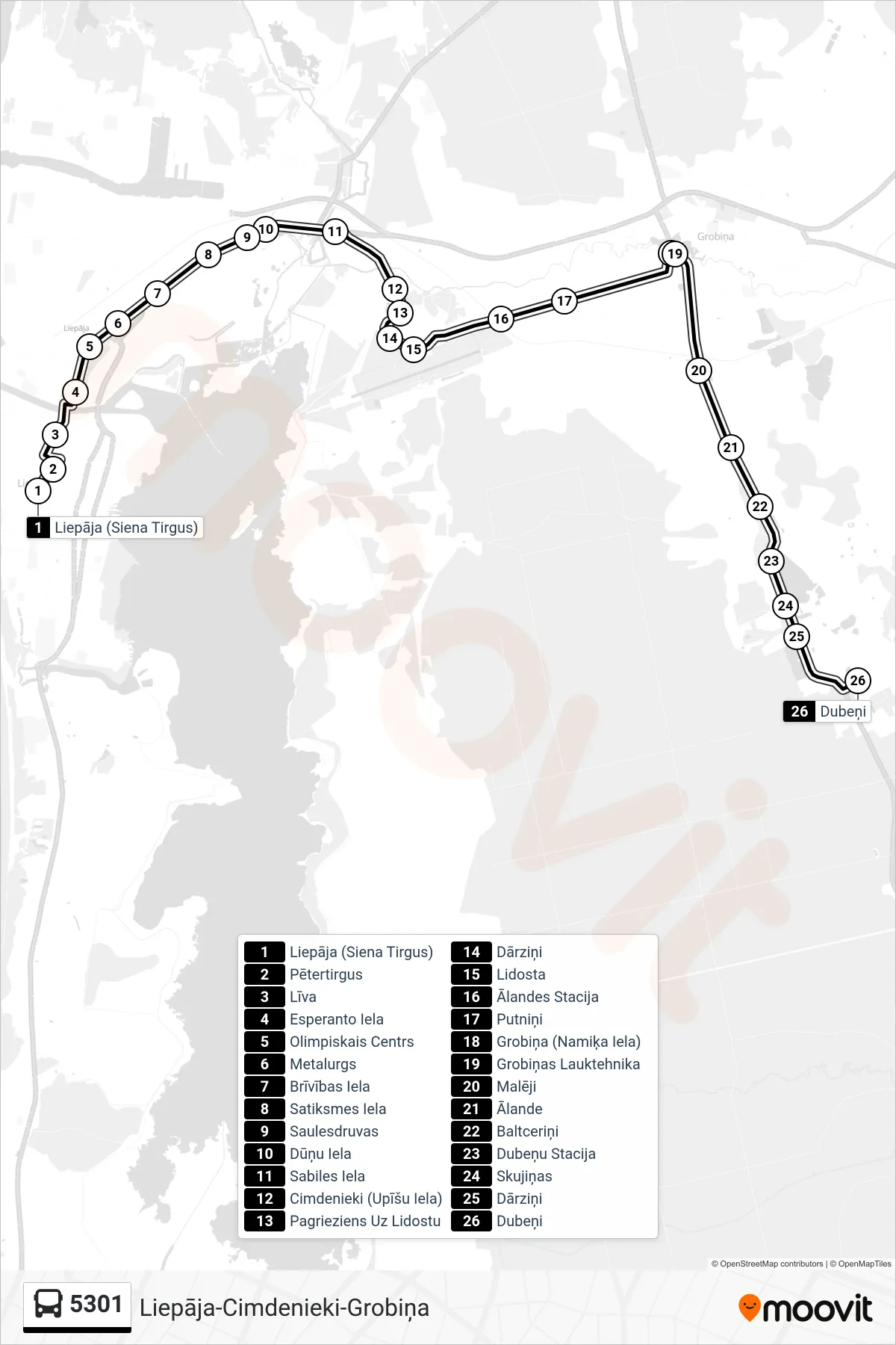 5301 bus Line (Dubeņi) route and stops on a map