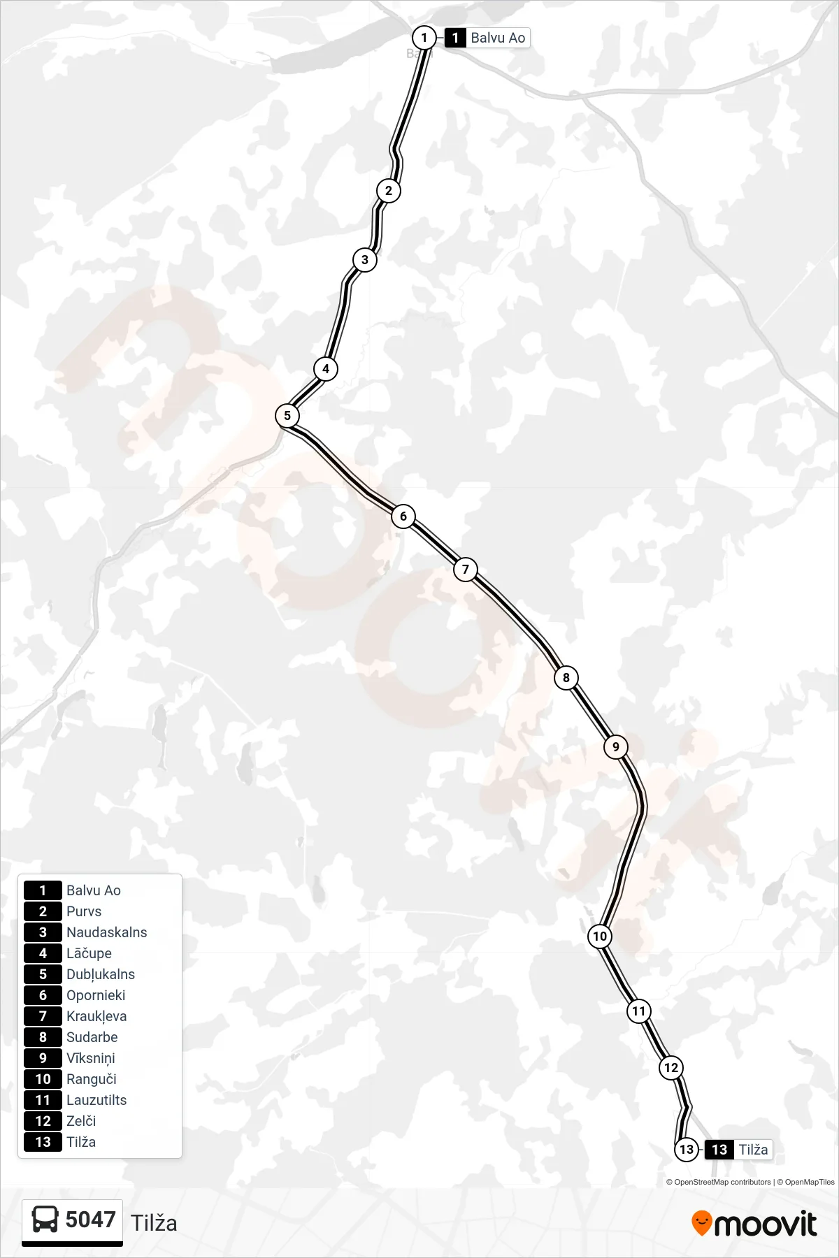 5047 bus Line (Tilža) route and stops on a map