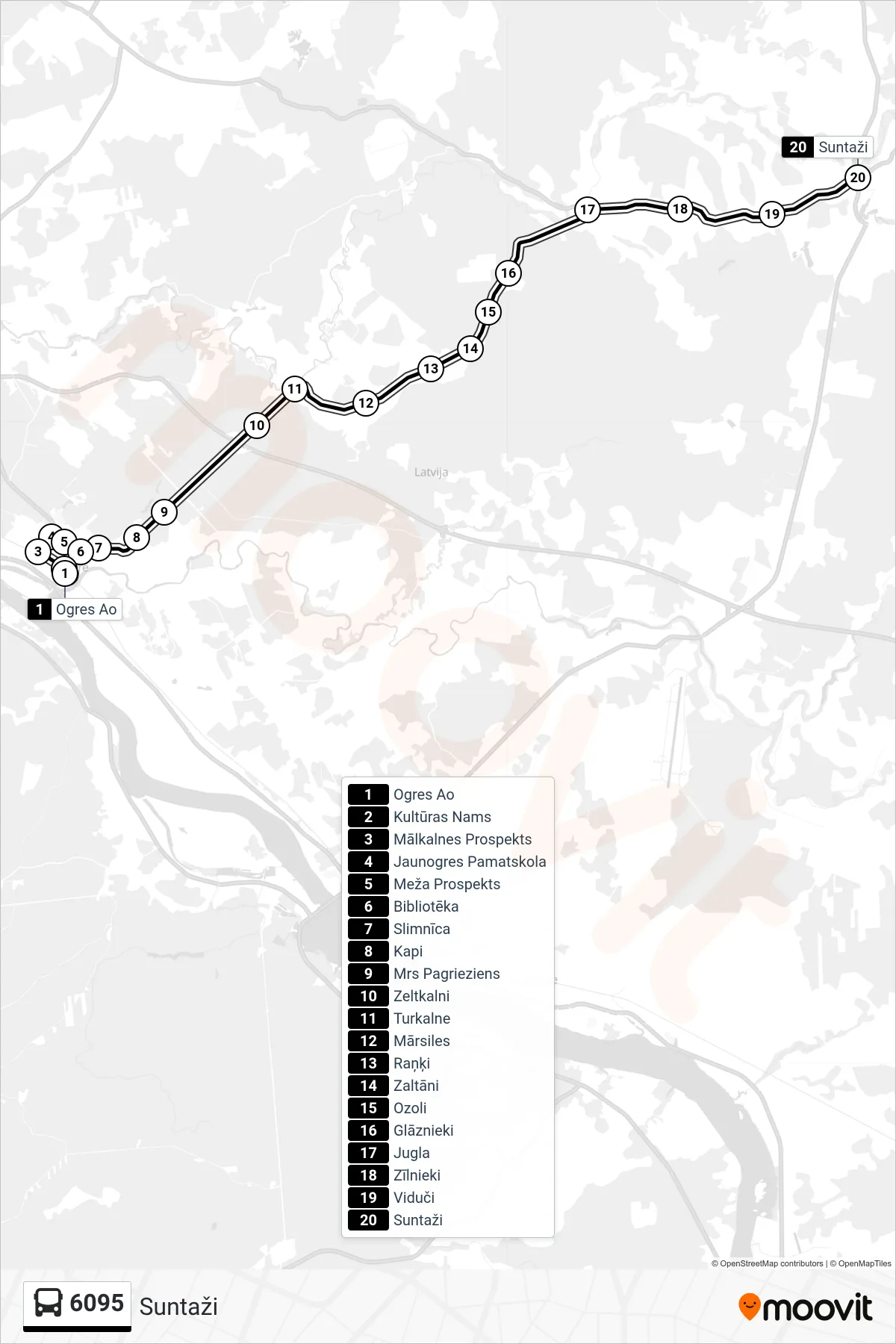 6095 bus Line (Suntaži) route and stops on a map