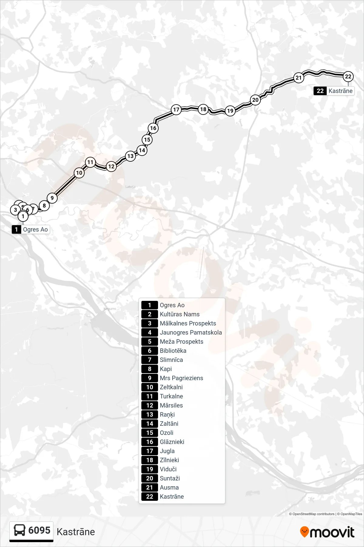 6095 bus Line (Kastrāne) route and stops on a map