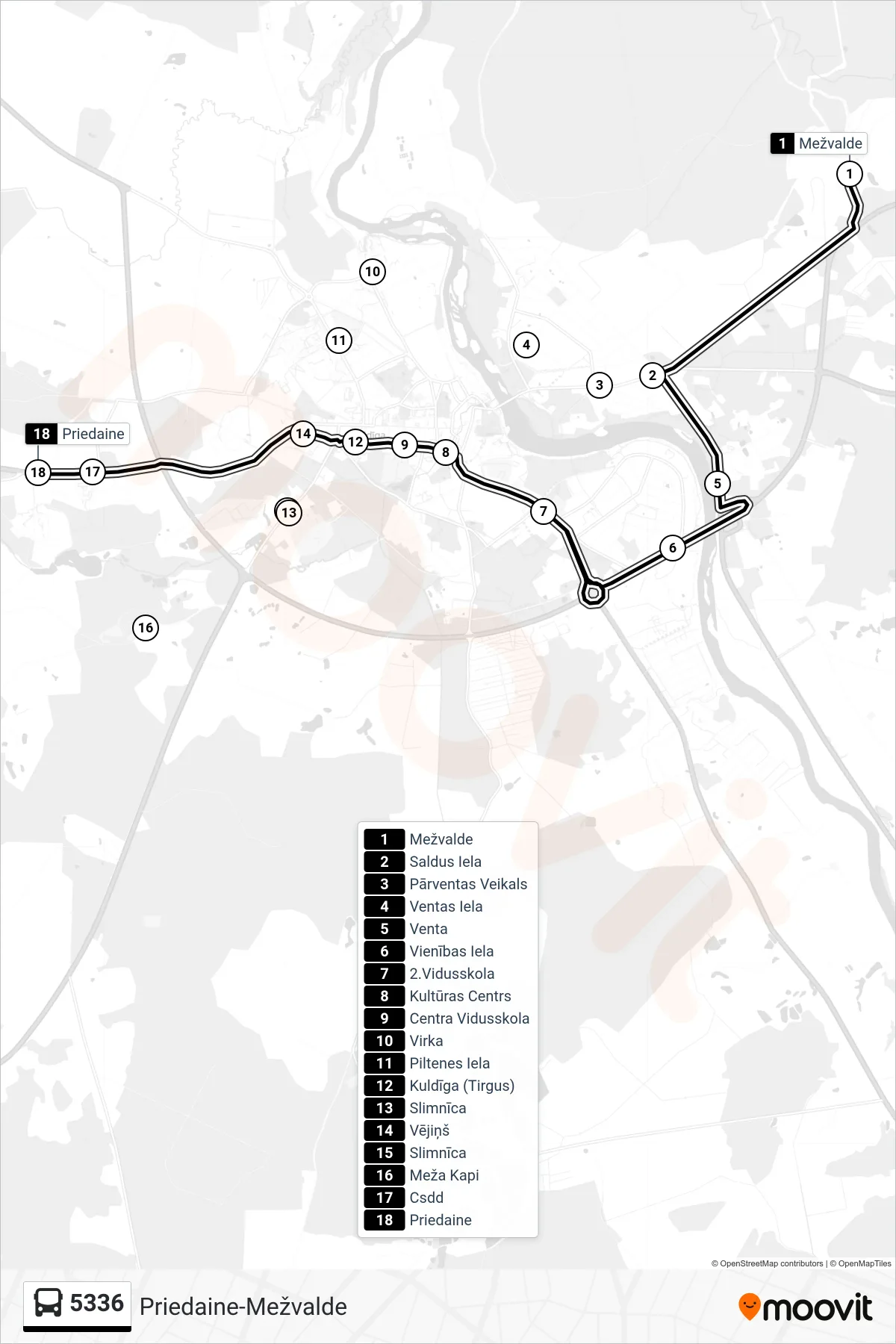 5336 bus Line (Priedaine) route and stops on a map